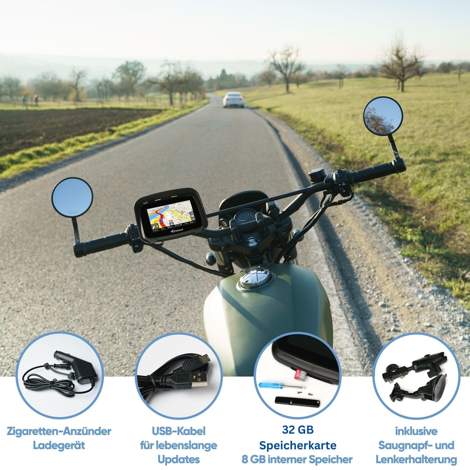 Elebest Rider W5 – 5 Zoll Motorrad-Navi | Wasserdicht (IPX7), Stabile Lenkerhalterung, Radarwarnung, PC-Tourenplanung & Europa-Karten 2026