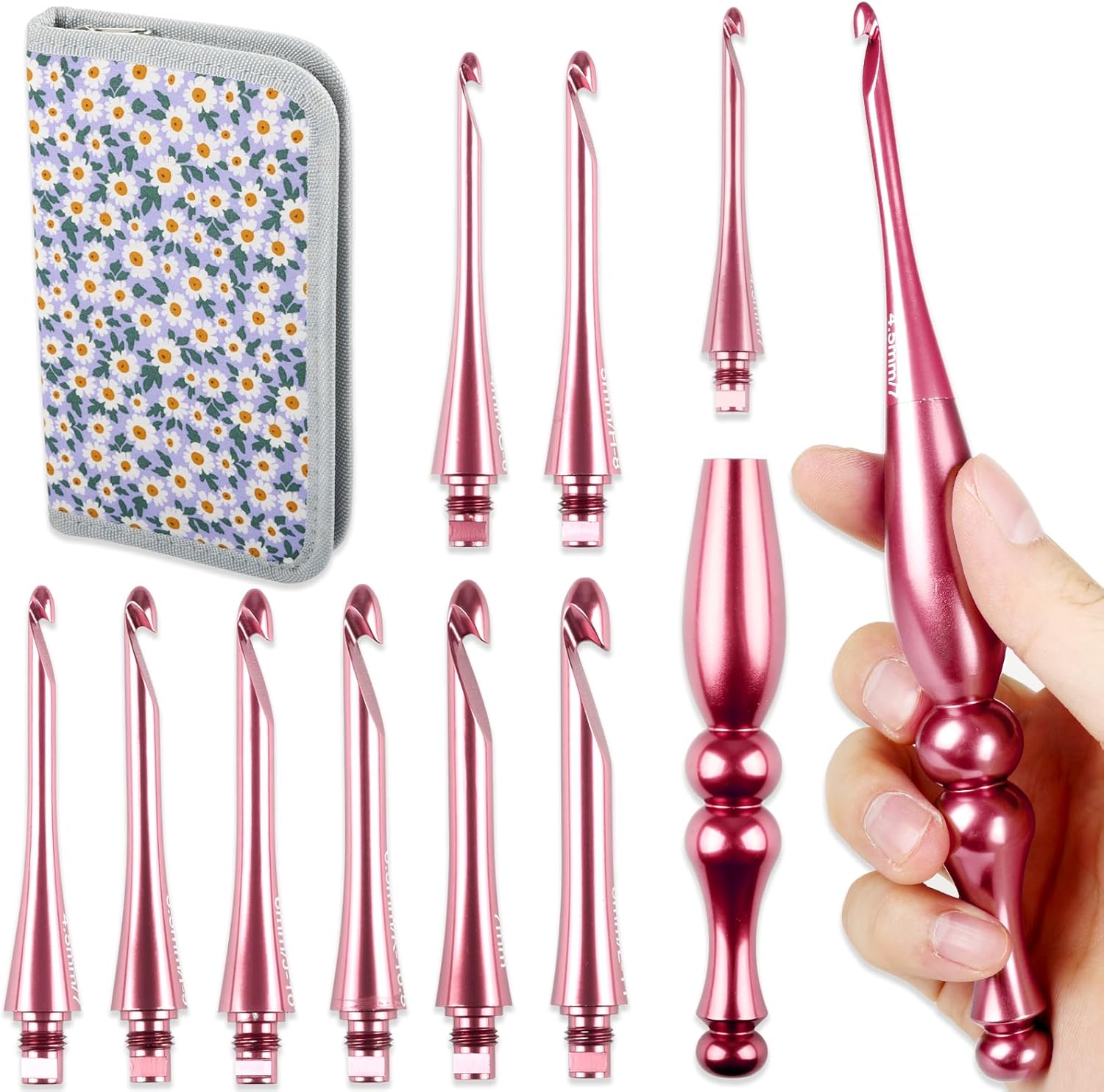 Svartur Interchangeable Crochet Hooks with 9 Sizes, US Size E-4 to L-11 (3.5mm-8mm) Ergonomic Crochet Hook Set with Storage Bag, Rose Pink