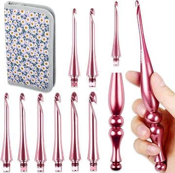 Svartur Interchangeable Crochet Hooks with 9 Sizes, US Size E-4 to L-11 3.5mm-8mm Ergonomic Crochet Hook Set with Storage Bag, Rose Pink