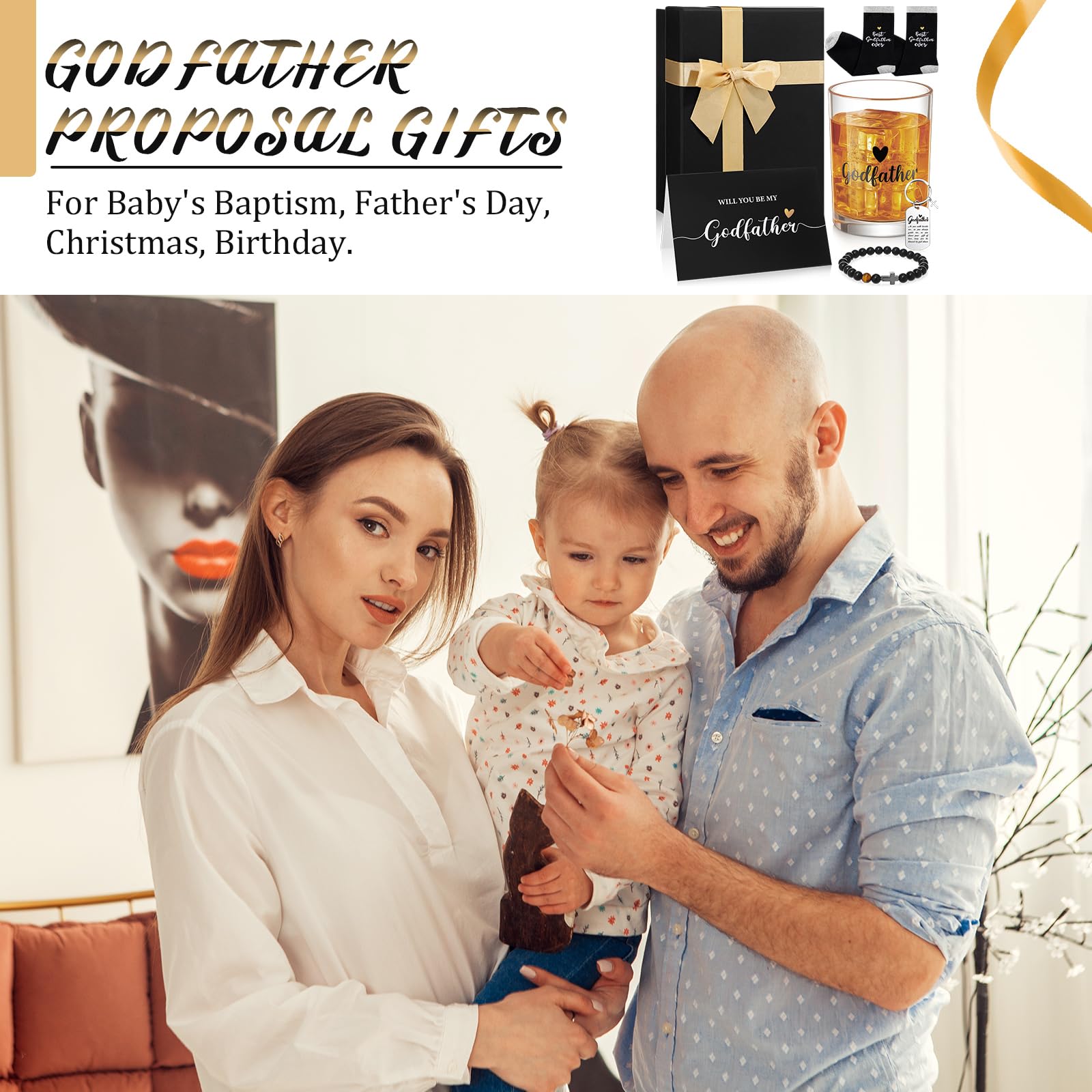 Reallnaive 6 Pcs Godfather Proposal Gift Will You Be My Godfather Gift Box Set Includes Wine Glass Bracelet Keychain Card Socks for God Father Uncle from Godchild Baptism Easter Father's Day(Classic)