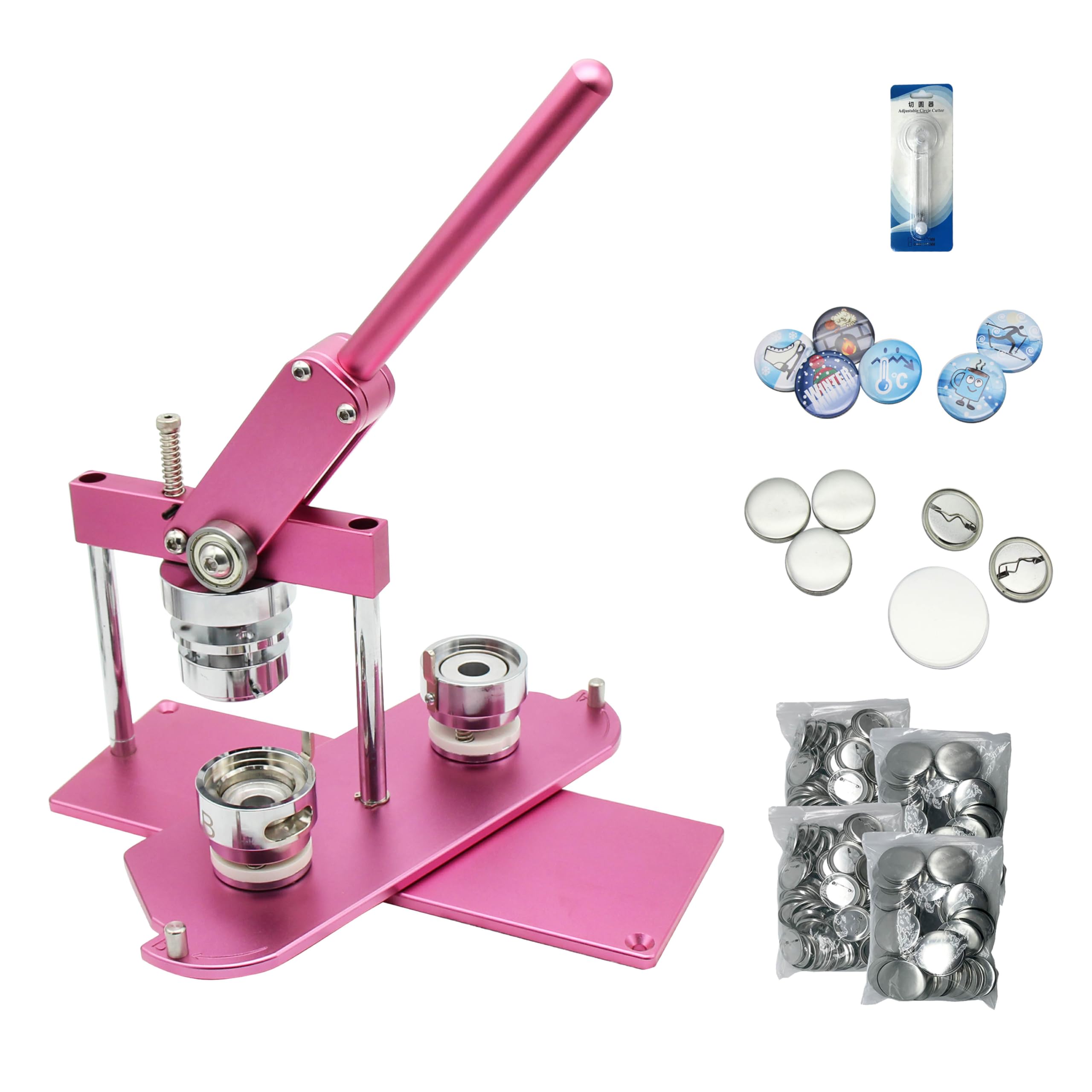 ChiButtons B400 Pro 37mm (1.5") Metric Button Maker Kit | All-Metal Press with 200 Parts, Interchangeable Moulds & Adjustable Circle Cutter | Create Promotional Badges, Custom Pins, Gifts (Pink-New)