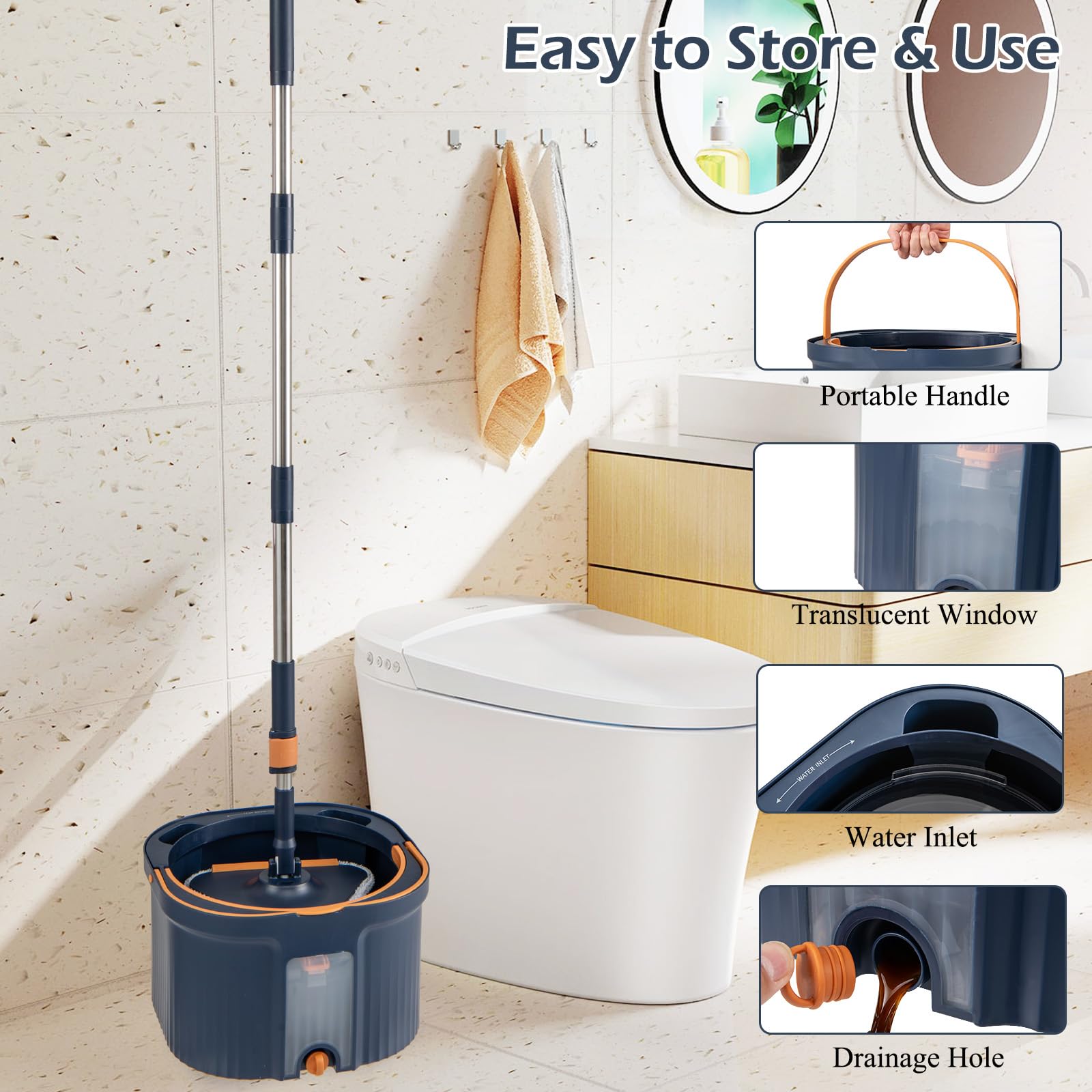 Lifezeal Escoba de Fregona con Cubo Doble, Cabezal Giratorio 360° con Paños Reutilizables, Separación de Agua Limpia y Sucia para Suelos de Baldosas de Parquet para Casa (Azul 2 Cabezas + 9 Paños)
