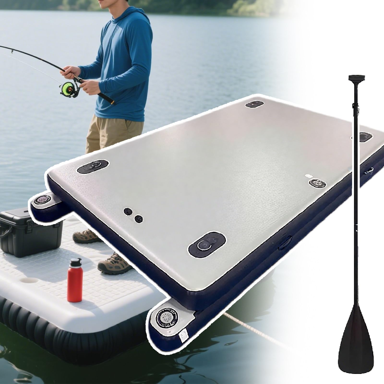 Plateforme de quai flottante gonflable avec pontons inférieurs, station d'accueil pneumatique robuste pour le bateau, la pêche et la piscine – Comprend des pagaies et une pompe, 2 m, 2,4 m