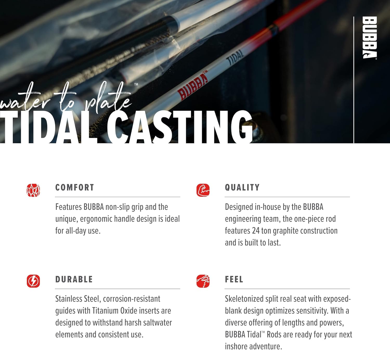 Bubba Tidal Casting Fishing Rod with Split Reel Seat, Non-Slip Grip, 1 Piece, 6'9"-7'6", for Fishing, Outdoors