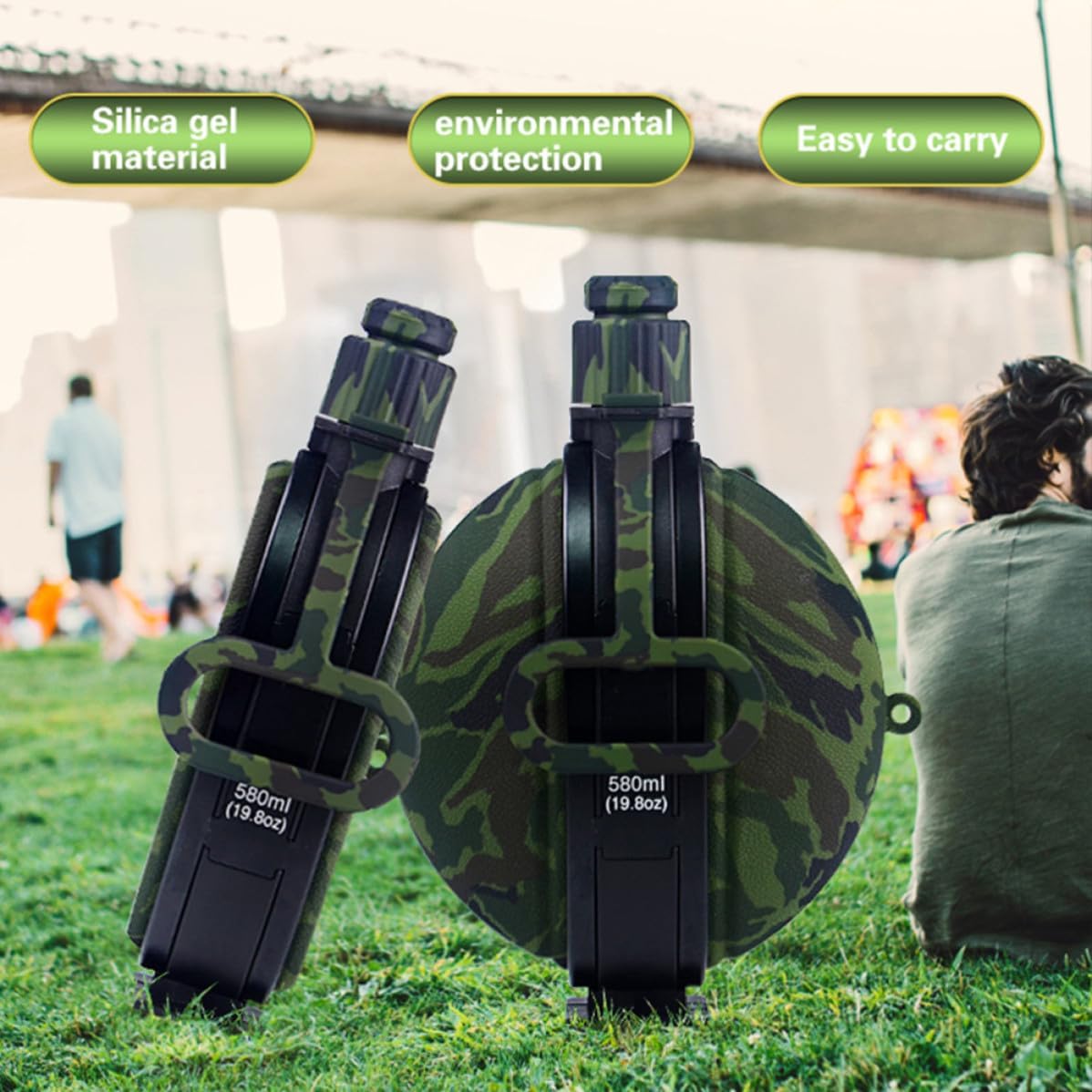 Garneck Military Water Canteen 580ml Silicone Foldable Bottle with Compass image 4