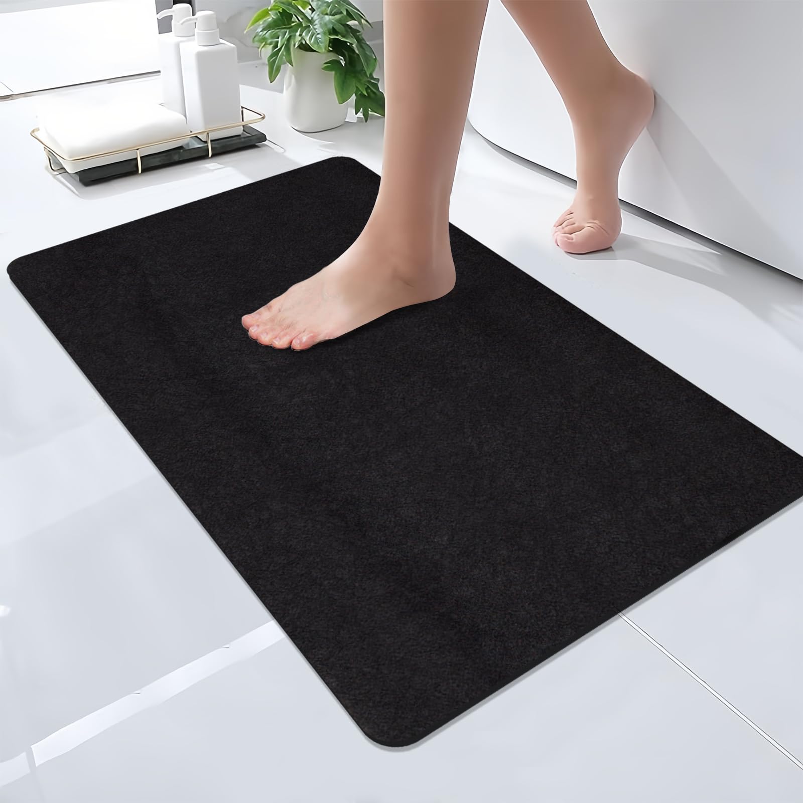 Diatomaceous Earth Bath mat 19.6''x31.4''Super Absorbent Bath mat Rubber Non-Slip Quick Dry Shower Mat Thin Bathroom Floor Mat Fit Under Door- Shower Rug for in Front of Bathtub Shower Room Sink,Black
