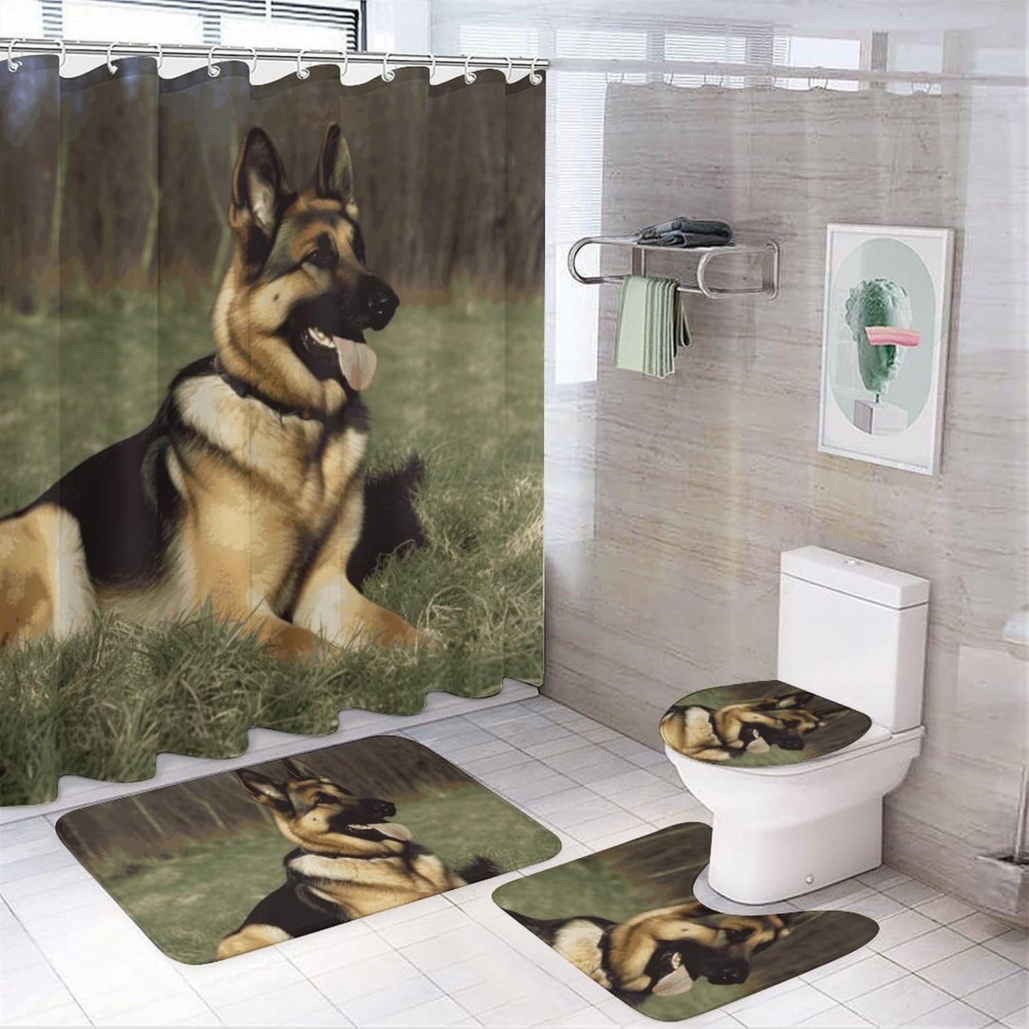 German Shepherd Dog Shower Curtain Set 4 Piece, Non-Slip Bath Mat with Toilet Lid Cover and Waterproof Shower Curtain with 12 Hooks, Complete Bathroom Set for Home Decor