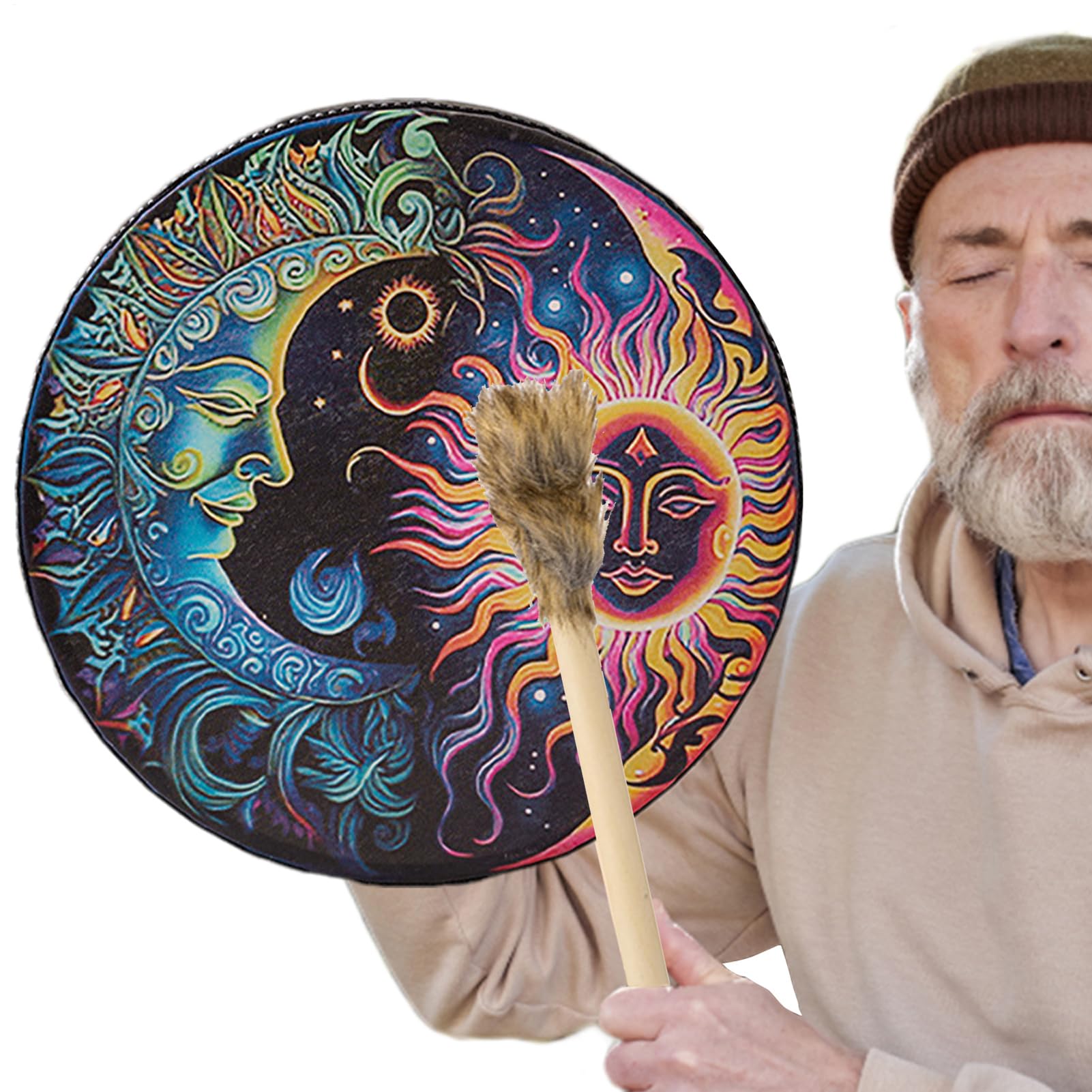 Shamanic Hand Druum | Tambor chamán hecho a mano | Herramienta de sonido de chamán vintage de tono grande | de 25 cm con batidor para curación de sonido, relajación, meditación