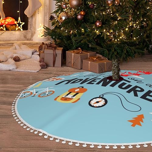 Vista 62 de Falda blanca para árbol de Navidad Let's Go Travel de 30 pulgadas con pompones esponjosos para árbol de fiesta navideña Vamos a viajar