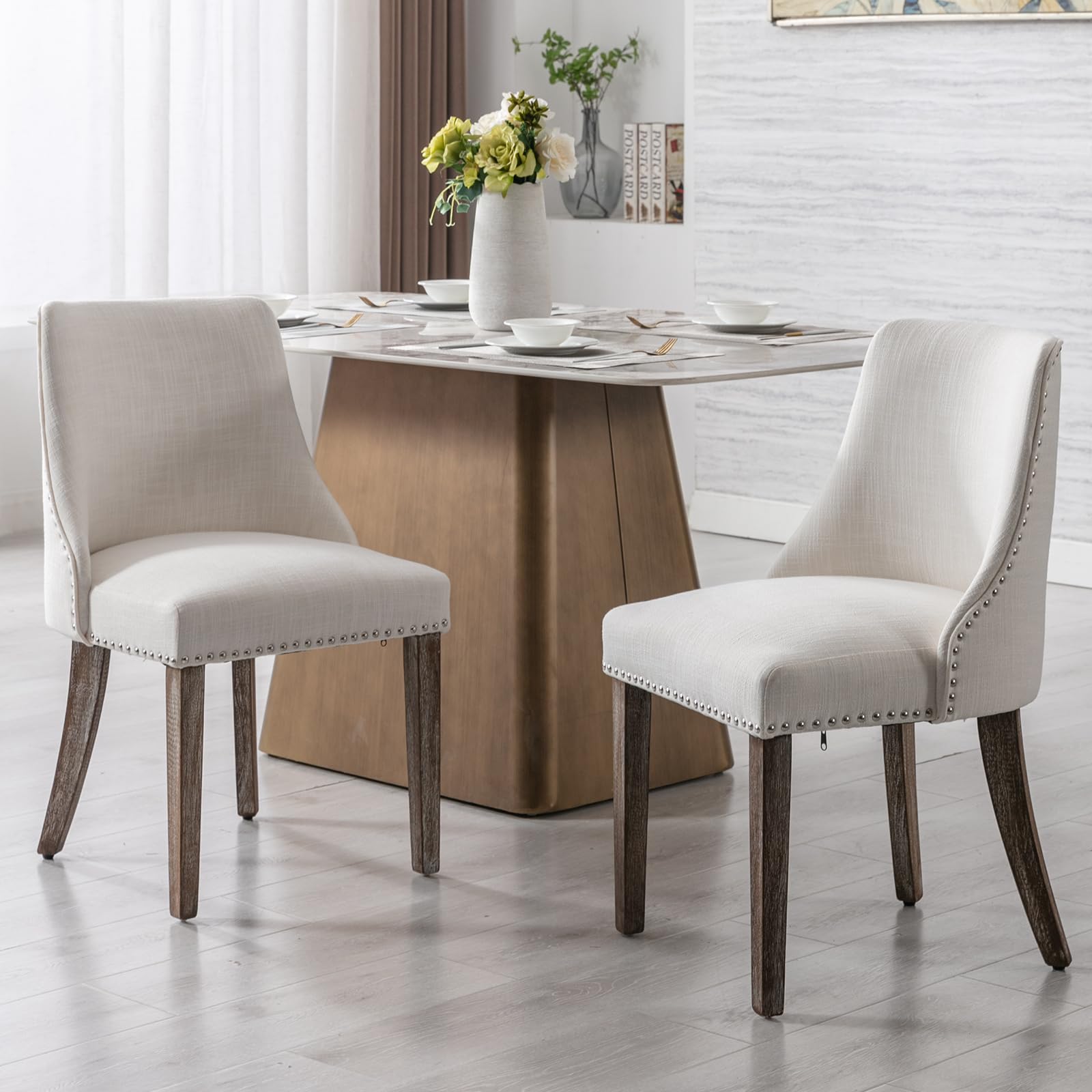 Janoray Dining Chairs Set of 2 Mid Century Upholstered Velvet with Nailhead Trim Accent Chairs with Linen Fabric Cushion and Wooden Legs for Living