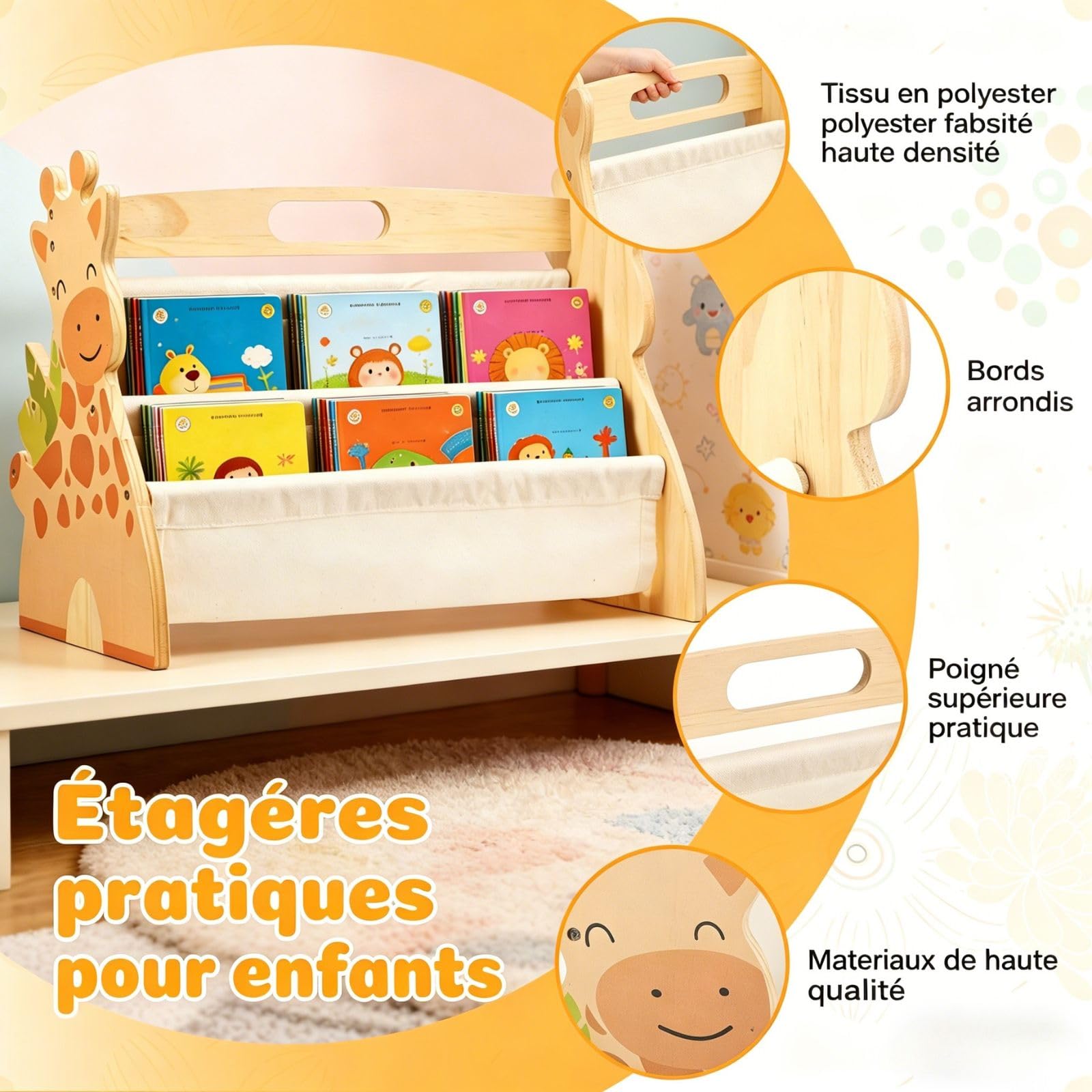 Bibliothèque Montessori Bois pour Enfant 43x34x28,3cm Bibliothèque Enfant Double Face Quatre Couches avec Poignée Rangement Livre Enfant 3-8 Ans Aménagement Open Bords Arrondis pour Chambres écoles