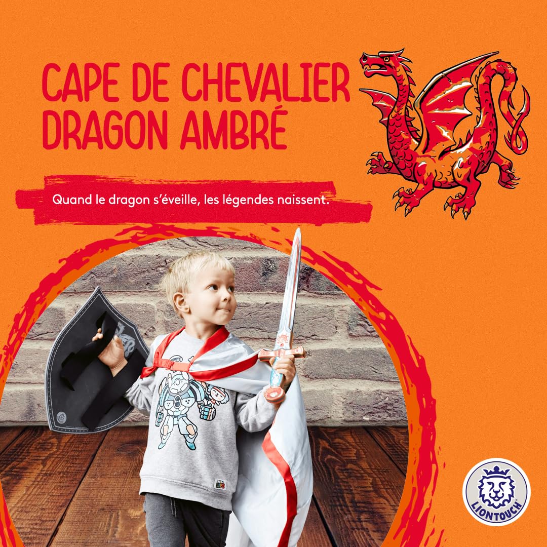 Liontouch - Cape de Chevalier Dragon Ambré - 3-8 Ans - Taille Unique - Jouet de Jeu Médiéval - Manteau pour Garçons Prêt pour L'Aventure - Jeu de Rôle, Déguisement, Déguisements et Costumes Royaux