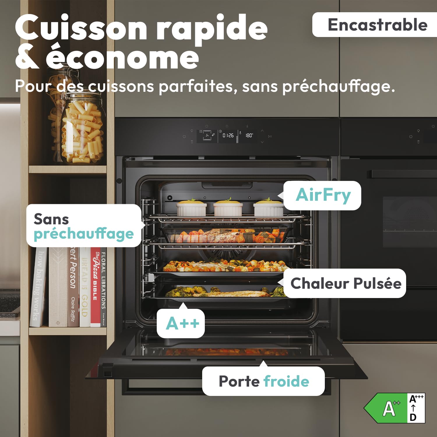 CANDY - Four Encastrable à Chaleur Pulsée - Pyrolyse/Hydrolyse, 6 Niveaux de Cuisson, A++, Cavité XXL (78L), Ouverture & Fermeture Douces, Noir - Interface 100% Tactile - 59,5 x 59,5 x 56,8 cm