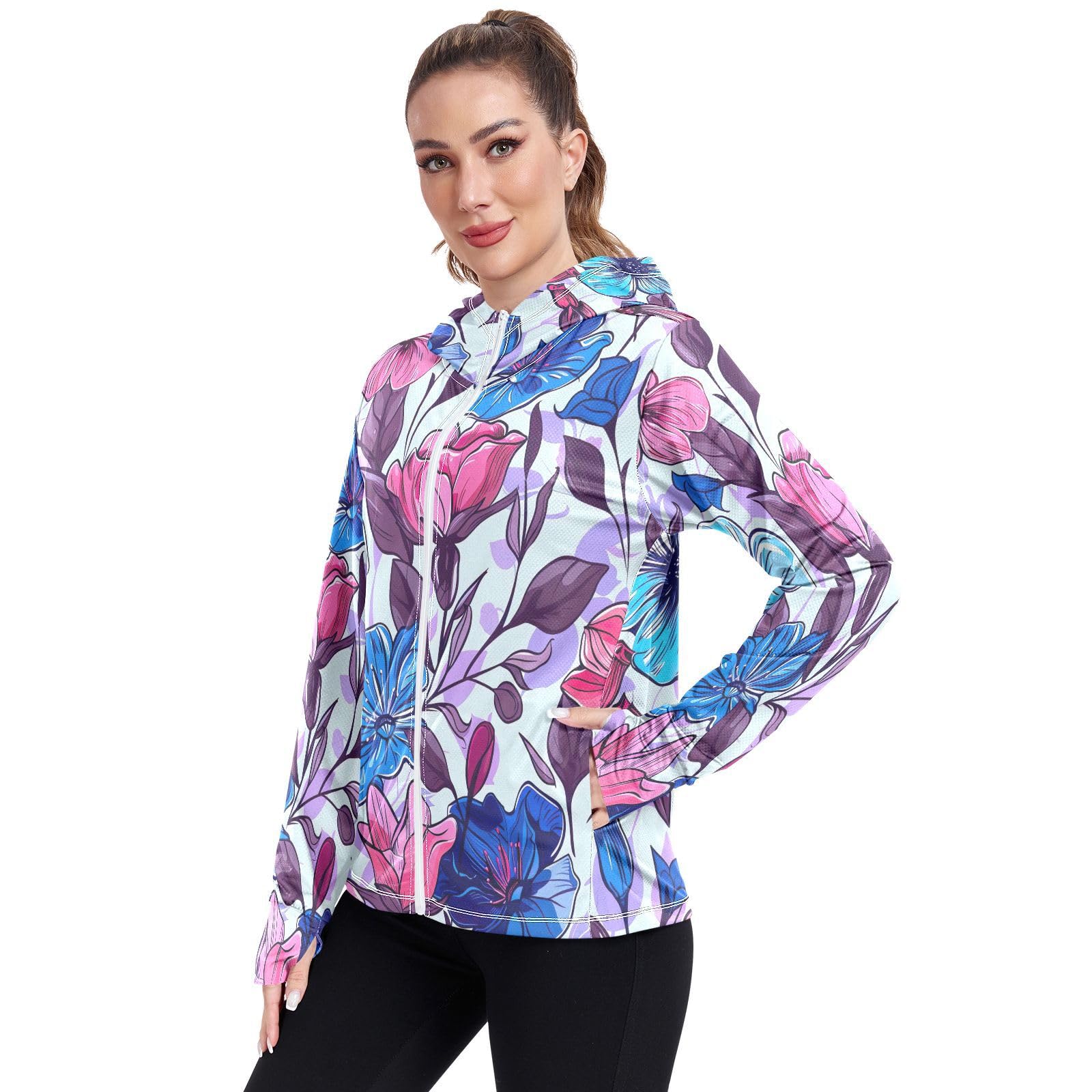 Kigai Flower Women's UPF 50+ Sun Protection Hoodie Jacket with Pocket Zip Long Sleeve Sun Shirt for Gardening Hiking Outdoor
