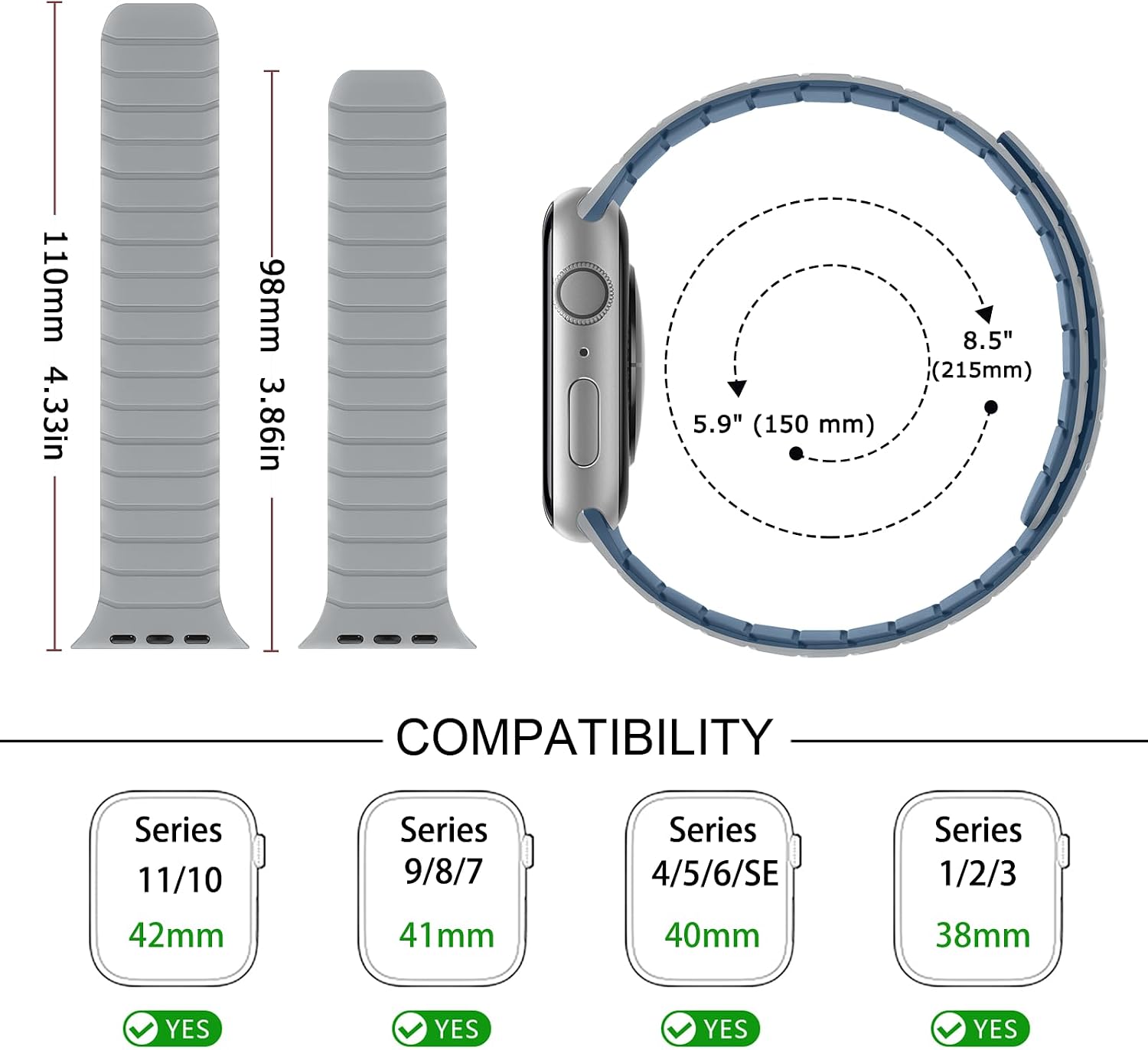 Tasikar Magnetic Bands Compatible with Apple Watch 42mm(Series 11/Series 10) 41mm 40mm 38mm Soft Silicone Replacement Loop Wristband for iWatch SE Series 11 10 9 8 7 6 5 4 3, Misty Grey-Blue image 3