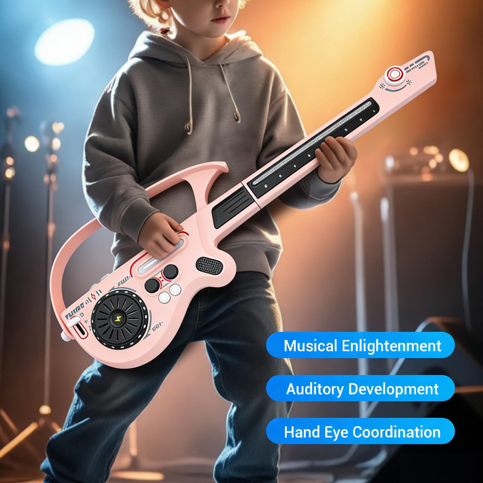 Chitarra Intelligente Senza Corde con Giradischi DJ e Luci LED Multicolori per Esperienze Musicali per Bambini Sopra i 3 Anni (Rosa)