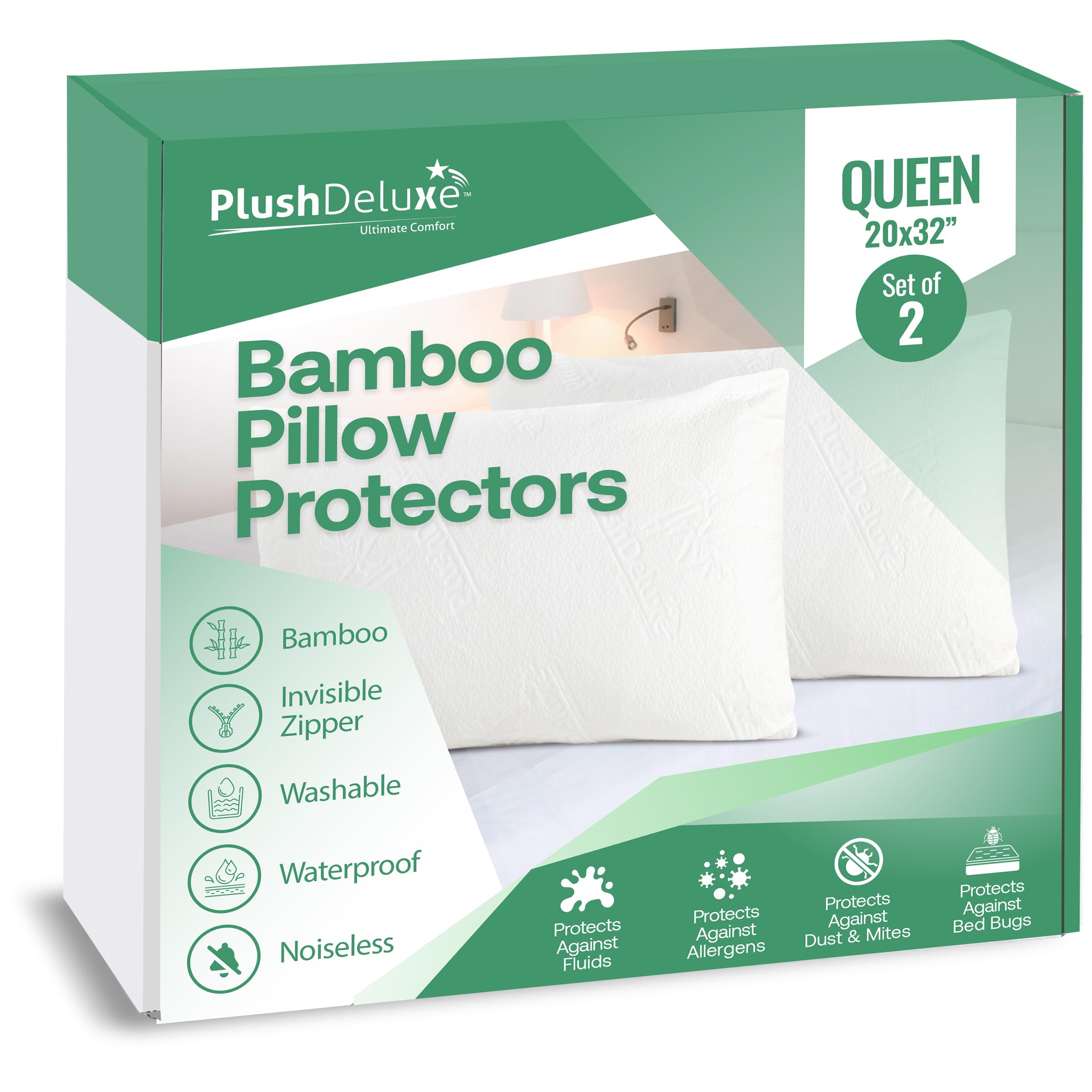 Premium Waterproof Pillow Protector Covers - Viscose Made from Bamboo – Allergy, Dust, and Mite Proof Zippered Pillowcase, Set of 2 Queen Size