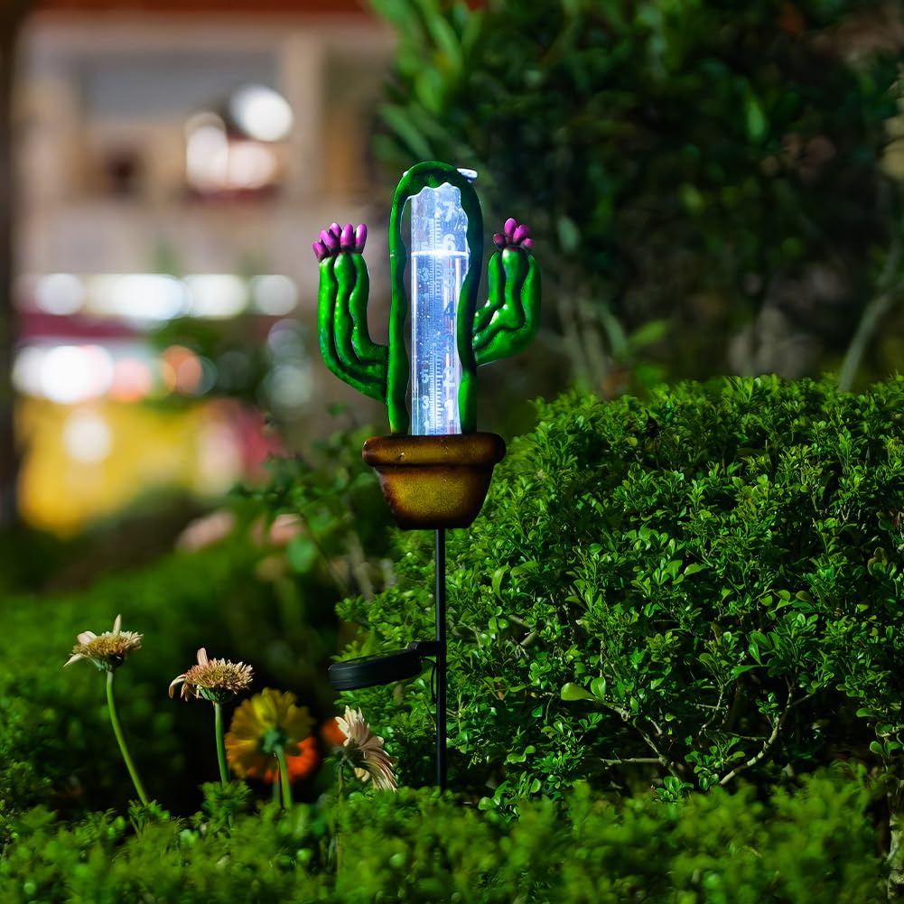 Stargarden Pluviometro solare per esterni, a forma di cactus, a energia solare, 17,8 cm, con paletto in metallo, misura decorativa per prato, patio, cortile, giardino