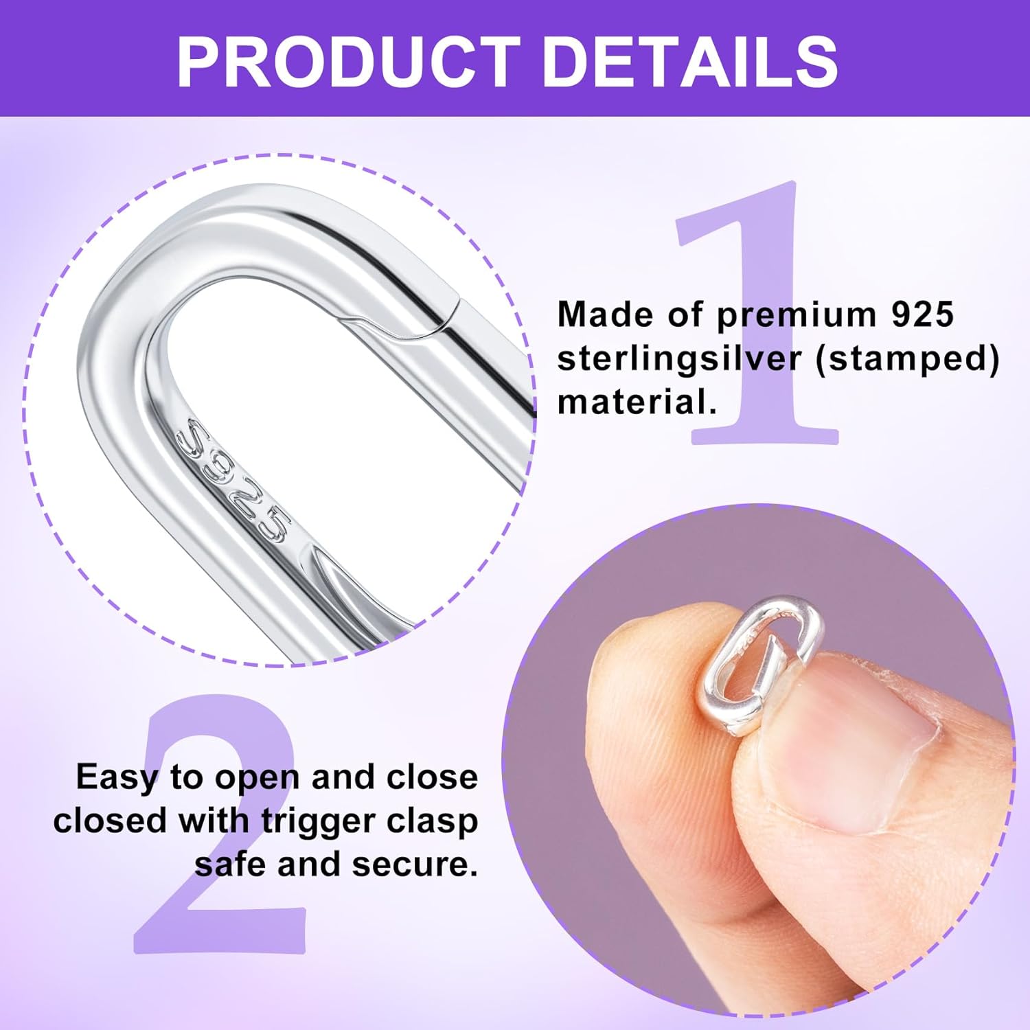 2pcs Oval Necklace Carabiner Clasps, 925 Sterling Silver Jewelry Clasps Closures, Spring Pendant Bracelet Connector Necklace Shorter Enhancer for Women DIY Crafts, Jewelry Making (7 x 12 mm) - Image 3