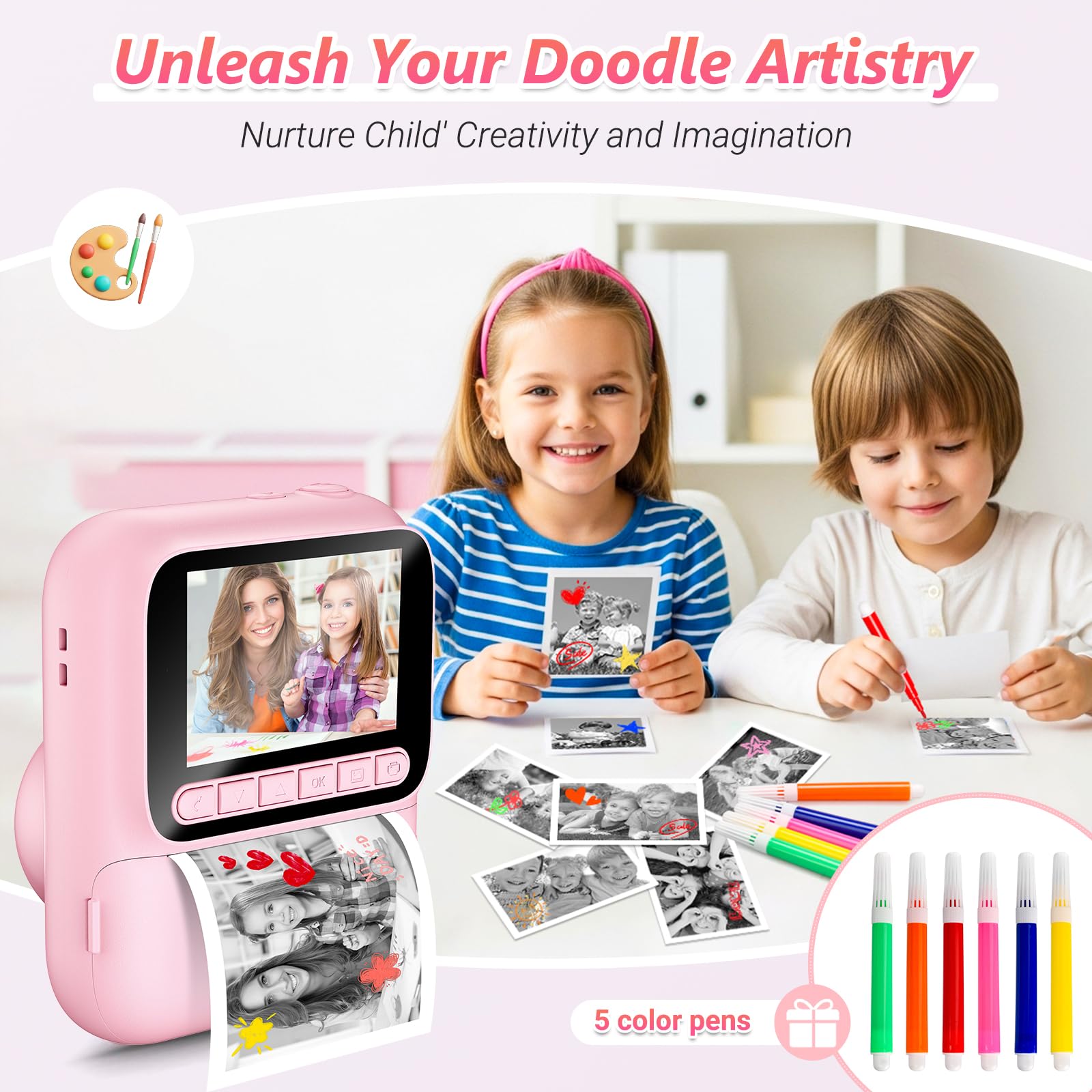 Macchina Fotografica Bambini Istantanea,Fotocamera Istantanea 1080P con 5 Rotoli di Carta da Stampa,Scheda da 32GB e Penne Colorate,Fotocamera Digitale Portatile per Bambini dai 3-14 Anni (Rosa)
