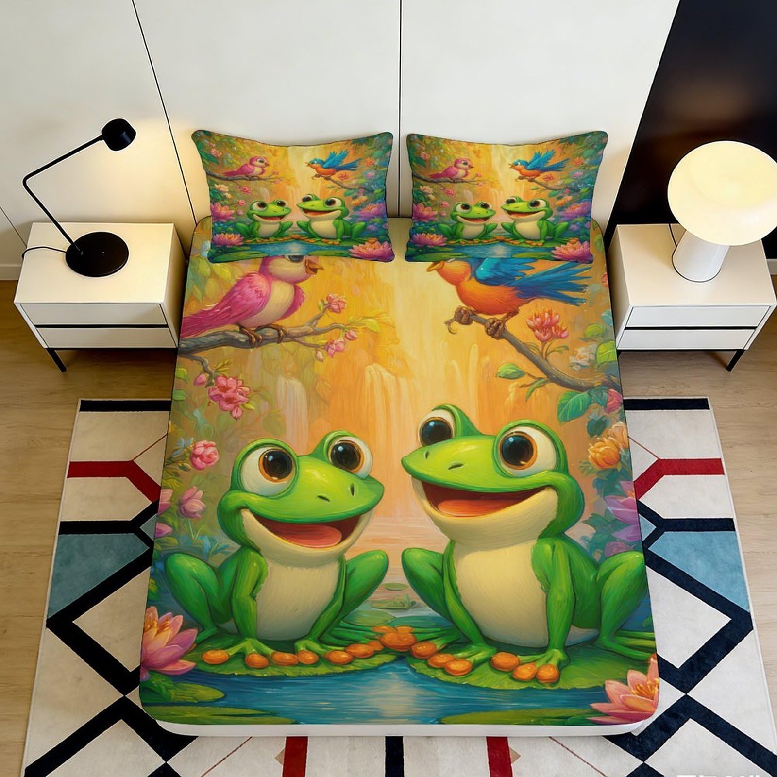 Pnayamiorkfel Style-1 3D Printed Cartoon Frog Fitted Sheet Microfiber Soft Colorful Birds Bed Cover For Bedroom Guest Room Decor Protection 90X200x25cm