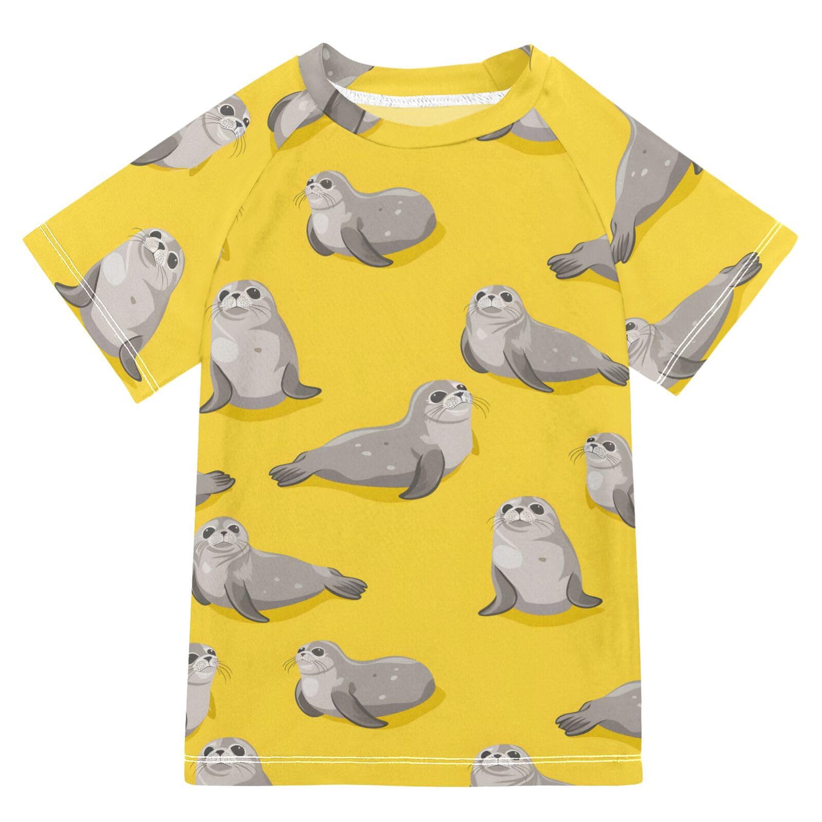 ALAZA Boys Rash Guard Swimming Shirt for Boys Short Sleeve Seal Yellow UPF 50+ 5-6T