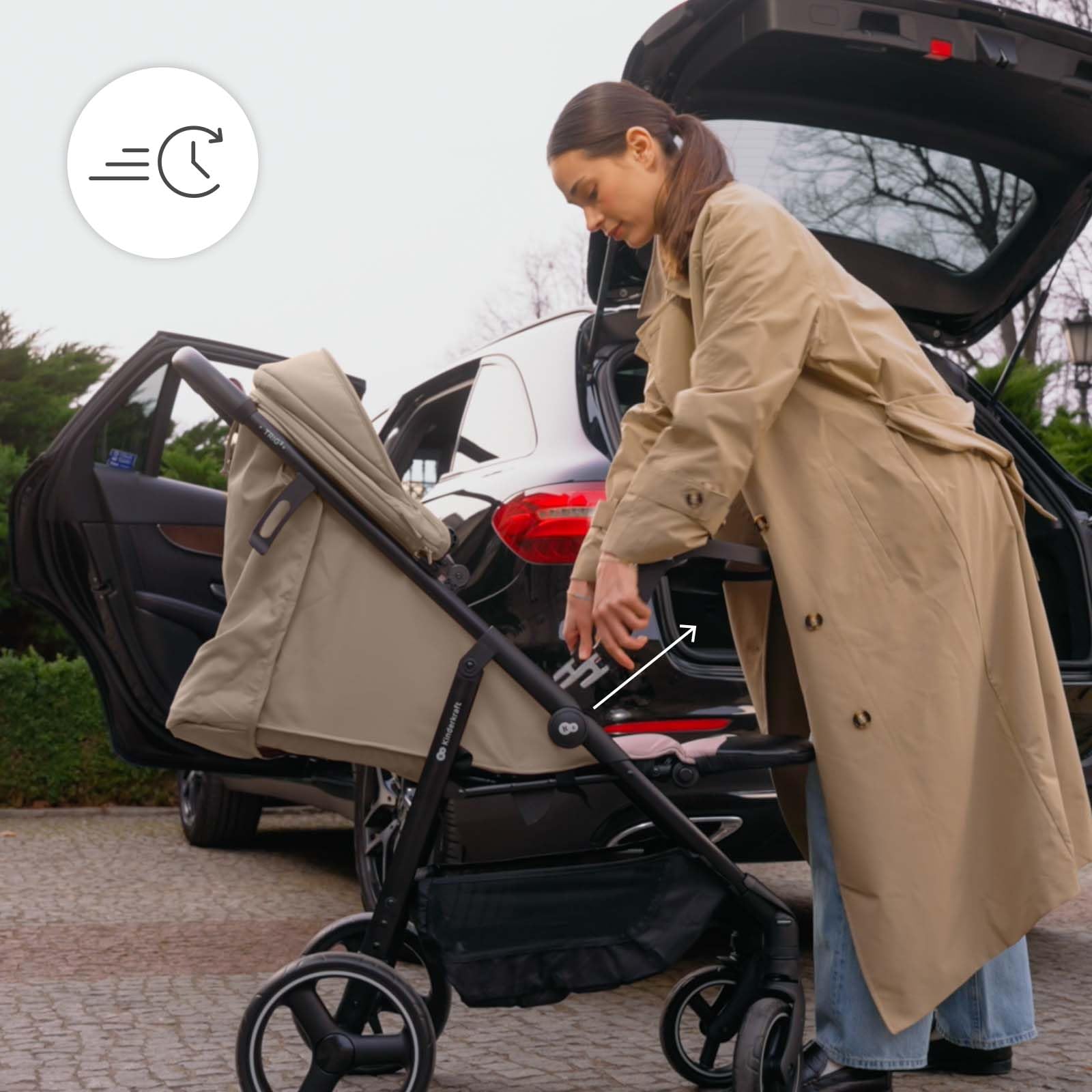 Kinderkraft TRIG 3 con vassoio, Passeggino 22 kg, CLICK & FOLD, Nero