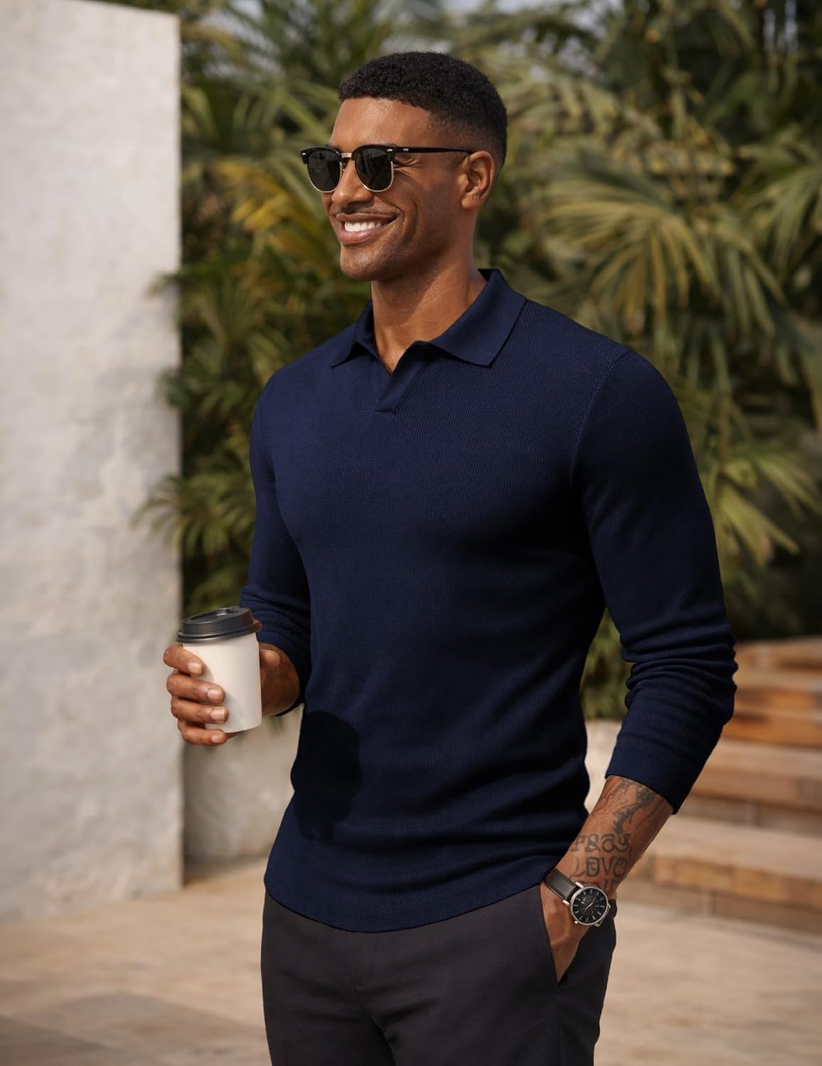 JMIERR Men's Casual Polo Shirt Muscle Slim Fit Long Sleeve V Neck Stretch Dress Golf Shirts