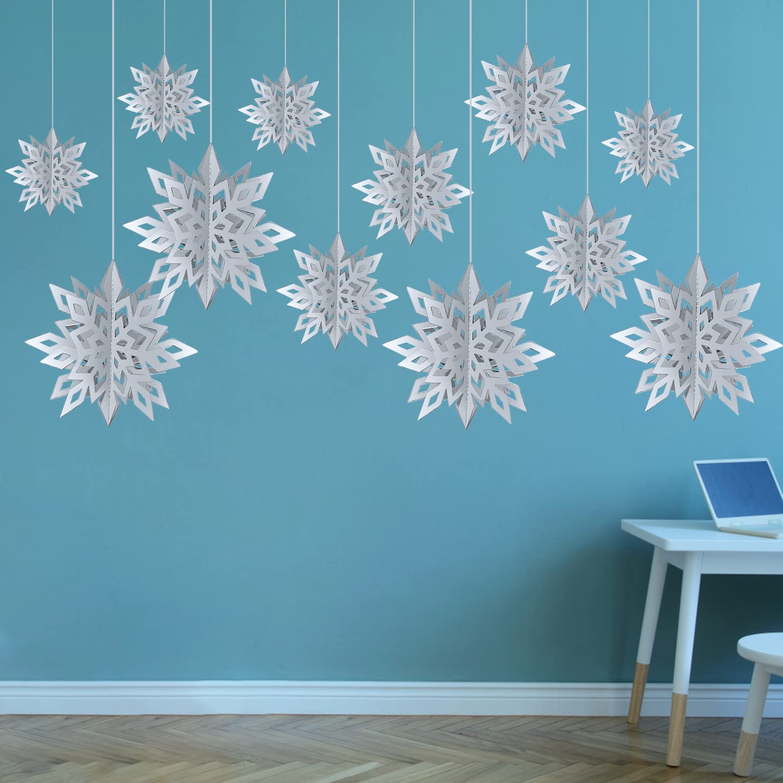 FYY 12PCS Snowflake Decorations Winter Christmas Party Hanging Decorations, 3D Silver Snowflake Ornaments for Winter Wonderland Party, Christmas Party Supplies Holiday New Year Home Decorations
