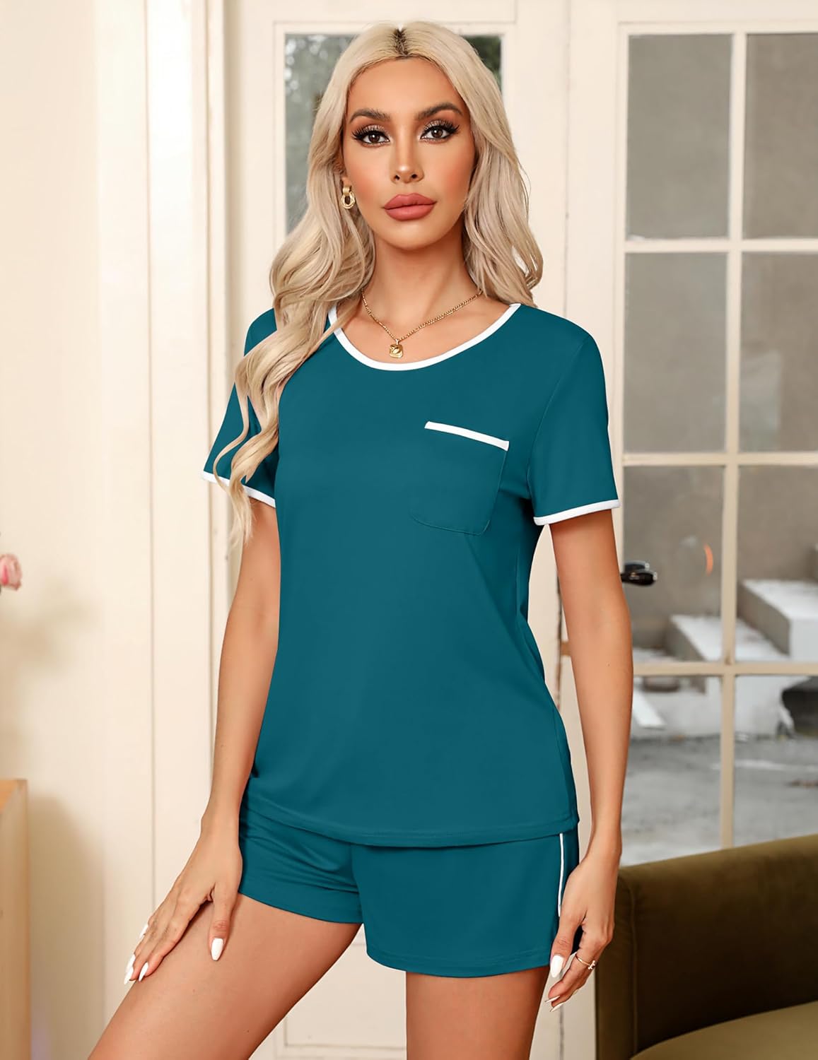 Ekouaer Pajama Set for Women 2 Piece Lounge Set Short Sleeve Tops and Shorts Soft Sleepwear, Chest Pocket - Image 3