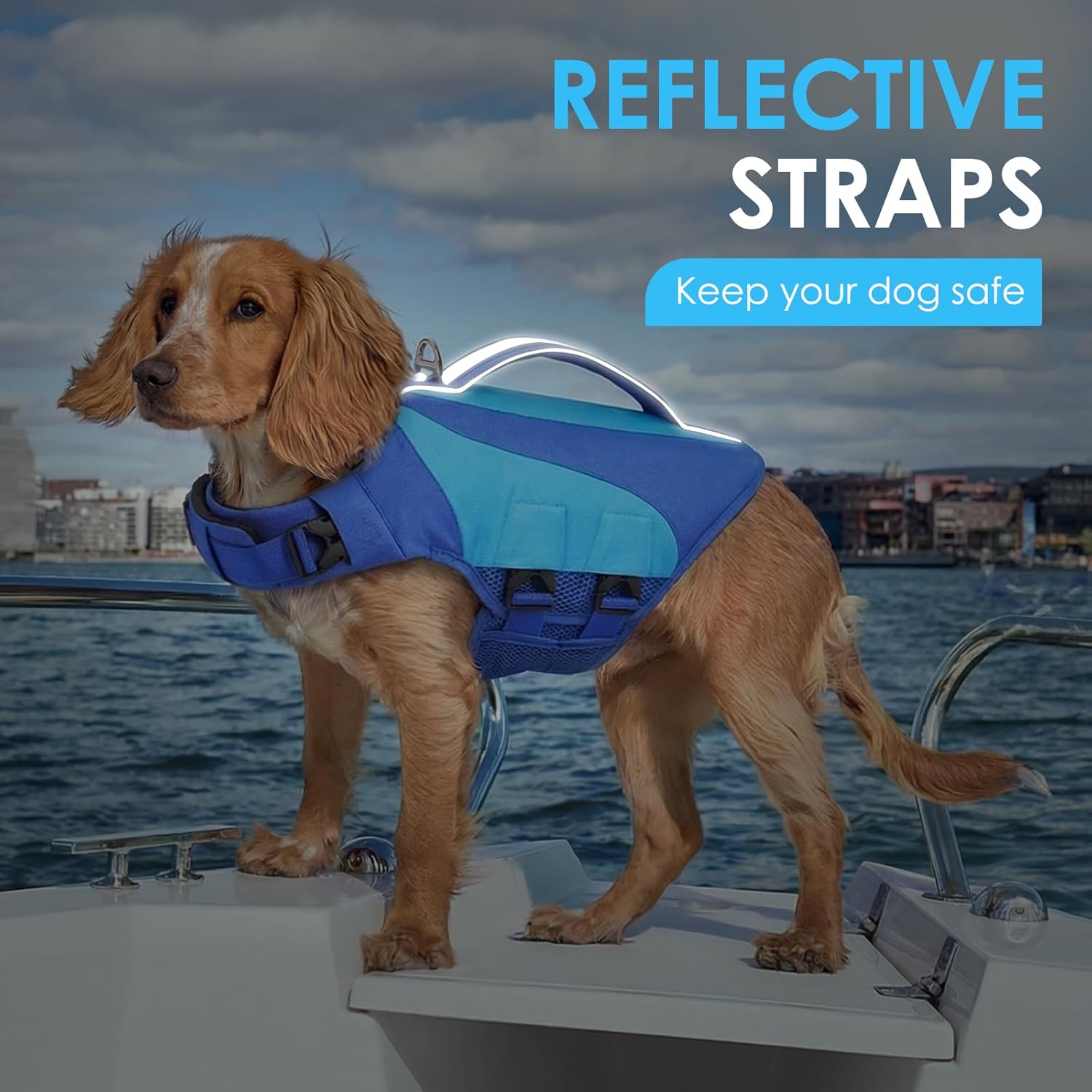 AOFITEE XL Dog Life Jacket, Adjustable Dog Life Vest for Swimming Boating, High Buoyancy Dogs Swimming Vest Lifejacket with Handle & D-Rings, Reflective Pet Lifesaver for Large Dogs (Blue XL)
