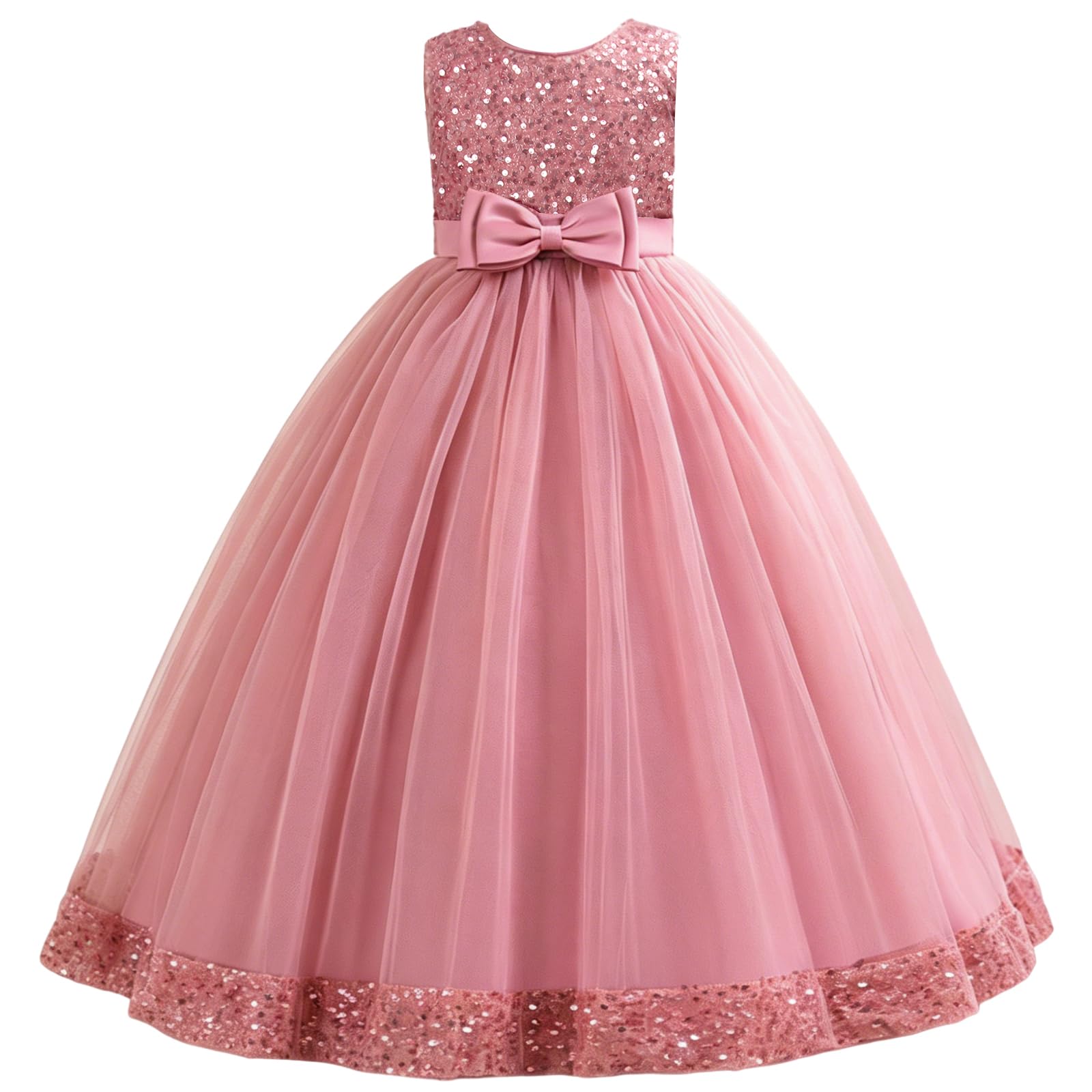 Discoball Abito da bambina senza maniche con fiocco con paillettes, lunghezza fino al pavimento, abito da principessa per matrimoni, feste, tutù, vestito lungo per bambini 8-11 anni