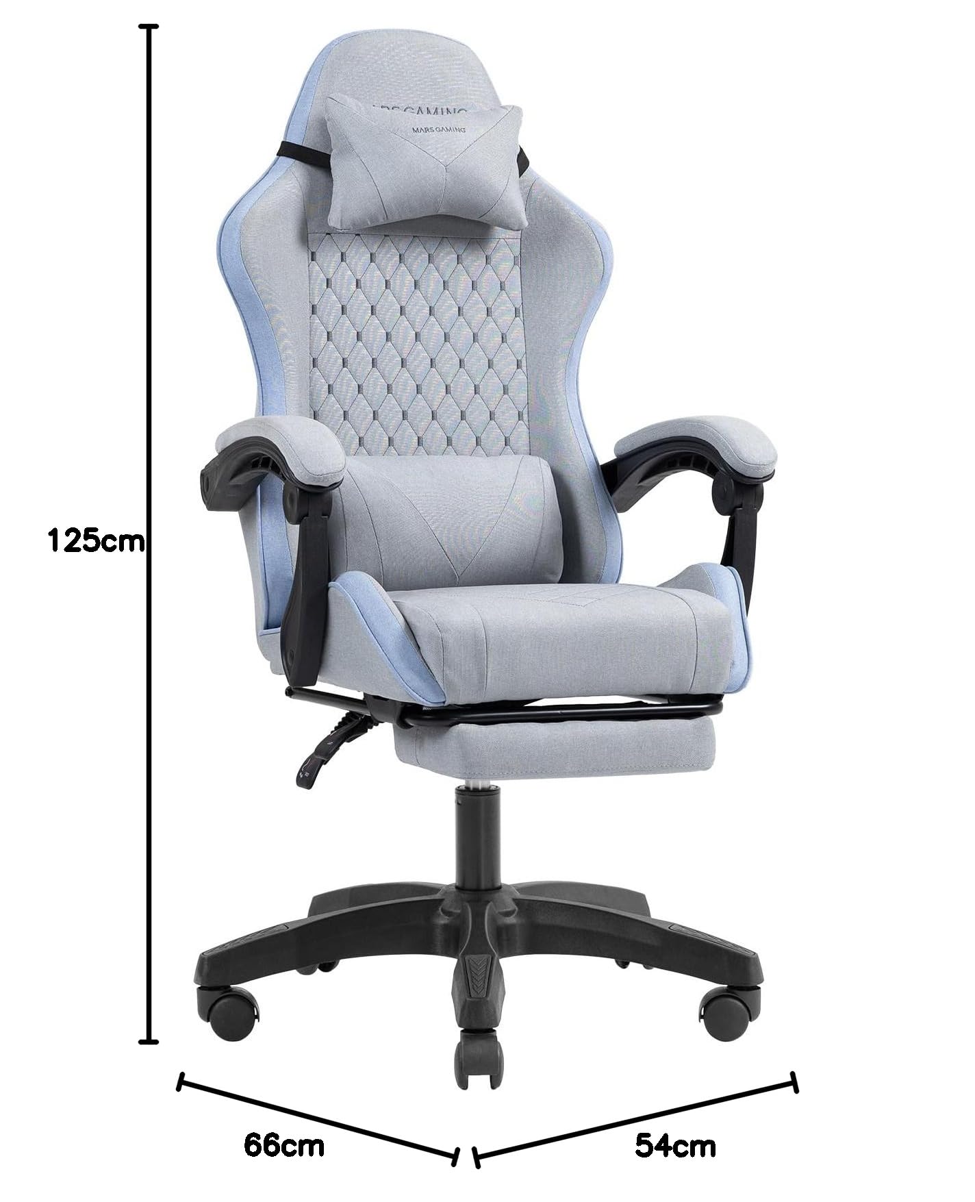 Mars Gaming MGC-X, Silla Gaming Ergonómica, Tejido Transpirable, Respaldo Reclinable y Altura Regulable, Reposabrazos Dinámico, Cojín Cervical y Lumbar, Silla Oficina con Reposapiés Extensible, Azul