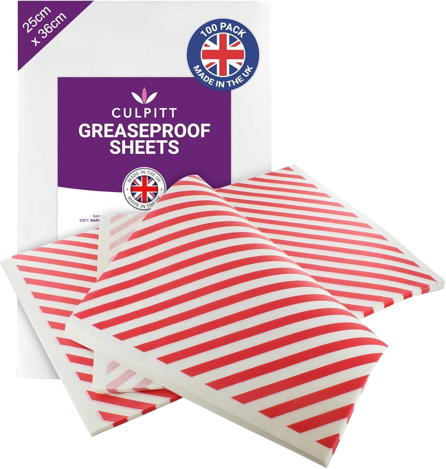Culpitt Greaseproof Paper Sheets | Red Stripe | 100 | Colourful Pre Cut Baking Paper for Freezing, Serving, Airfrying, Displaying | Cookies, Cakes, Pastries, Sandwiches - 25cm x 36cm - 100