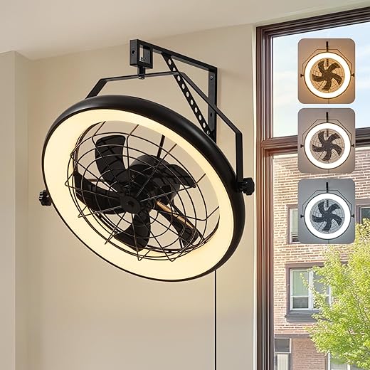 Wall Mounted Fan with Lights, 27” Wall Mount with Remote, 6 Speeds Plug in, Reversible, 3CCT, Dimmable, Noiseless, 360°Adjustable Tilt for Workshop, Patio, Home