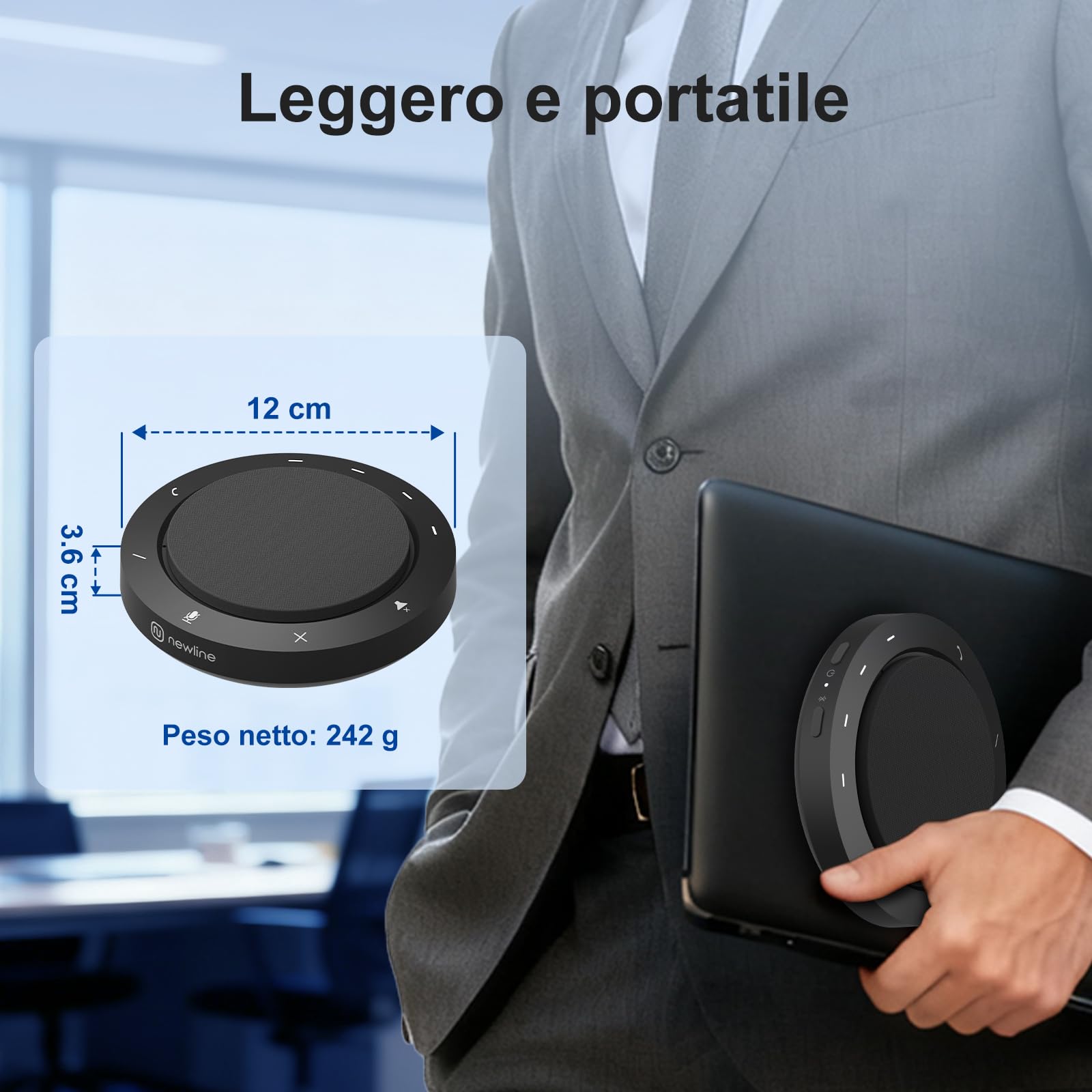 Altoparlante da conferenza, 2 microfoni a cancellazione del rumore, rilevamento vocale a 360°, suono chiaro, 10–14 ore di conversazione, Bluetooth e USB, microfono conferenze per 1–6 persone