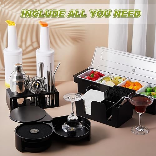 Vista 5 de Mifoci Kit de 23 piezas de suministros de barman bandeja para guarnición para camareros con tapa, organizador de barra de 3 niveles, 13 piezas