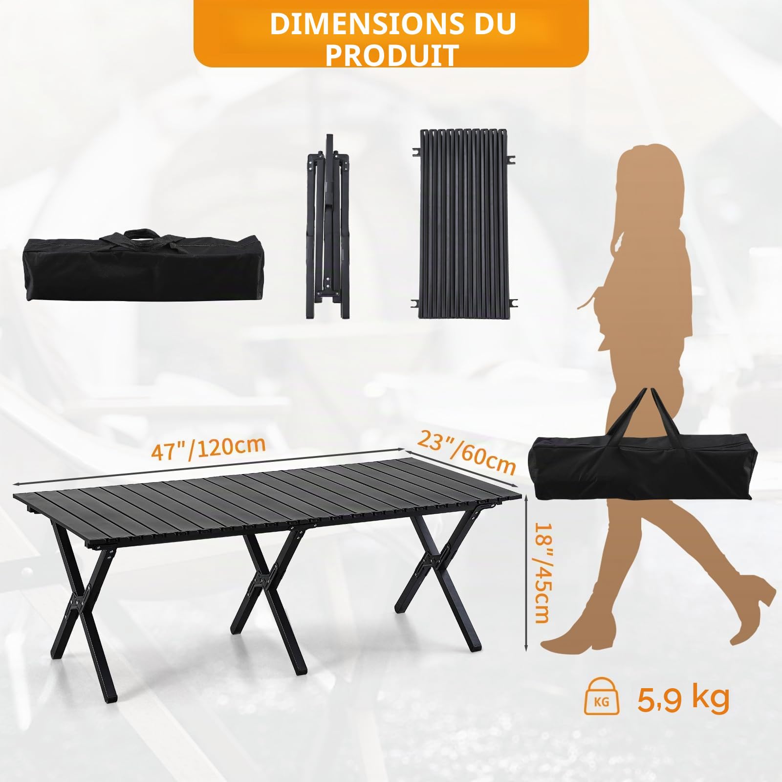 BOOSDEN table pliante en aluminium, sac de transport inclus, idéale pour camping, pique-nique, plage, fête, terrasse, barbecue, voyage, jardin