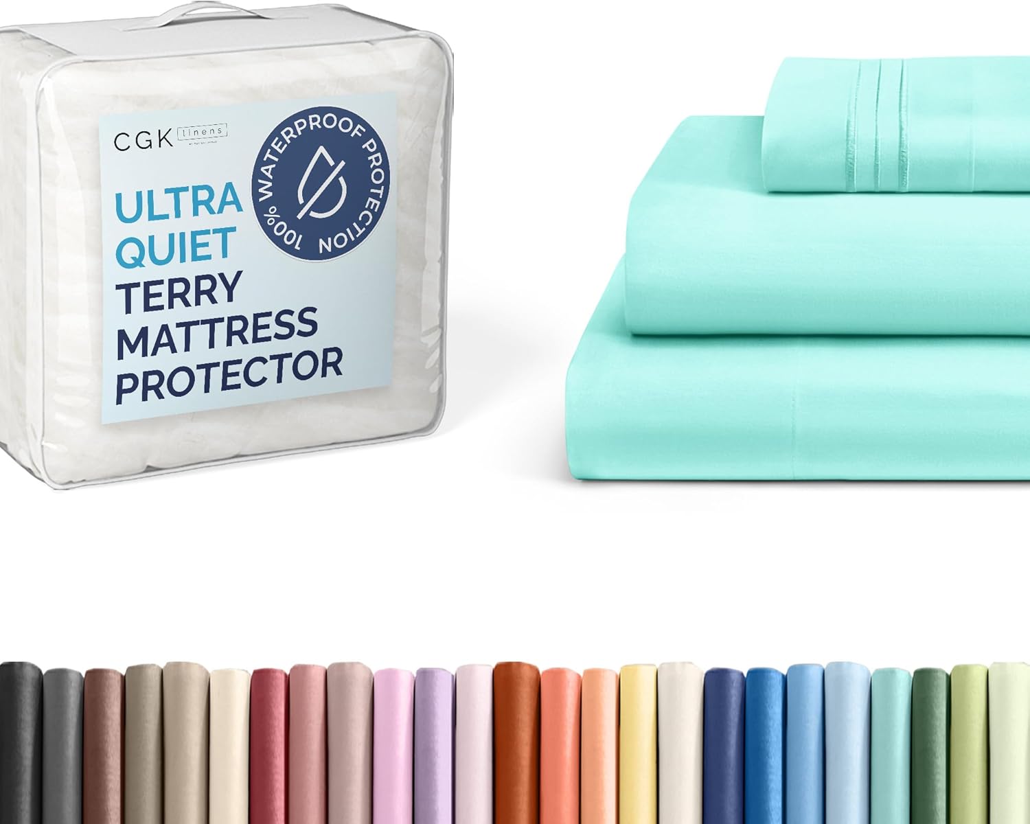CGK Unlimited Twin Size 3 Piece Spa Blue Sheet Set + Twin Size Terry Mattress Protector