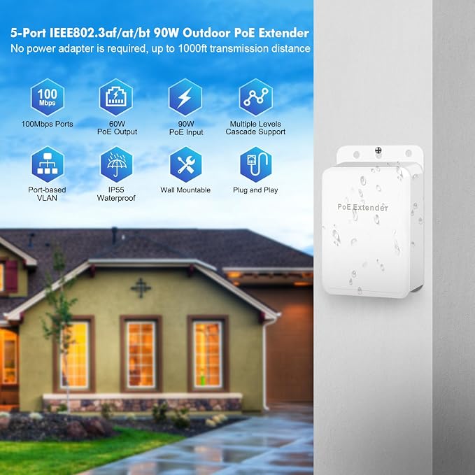Extensor PoE MokerLink para exteriores de 5 puertos, repetidor PoE IEEE 802.3af/at/bt de 90 W, 10/100 Mbps, 1 entrada PoE y 4 salidas PoE, interruptor passthrough PoE resistente al agua y montaje en pared miniatura 2