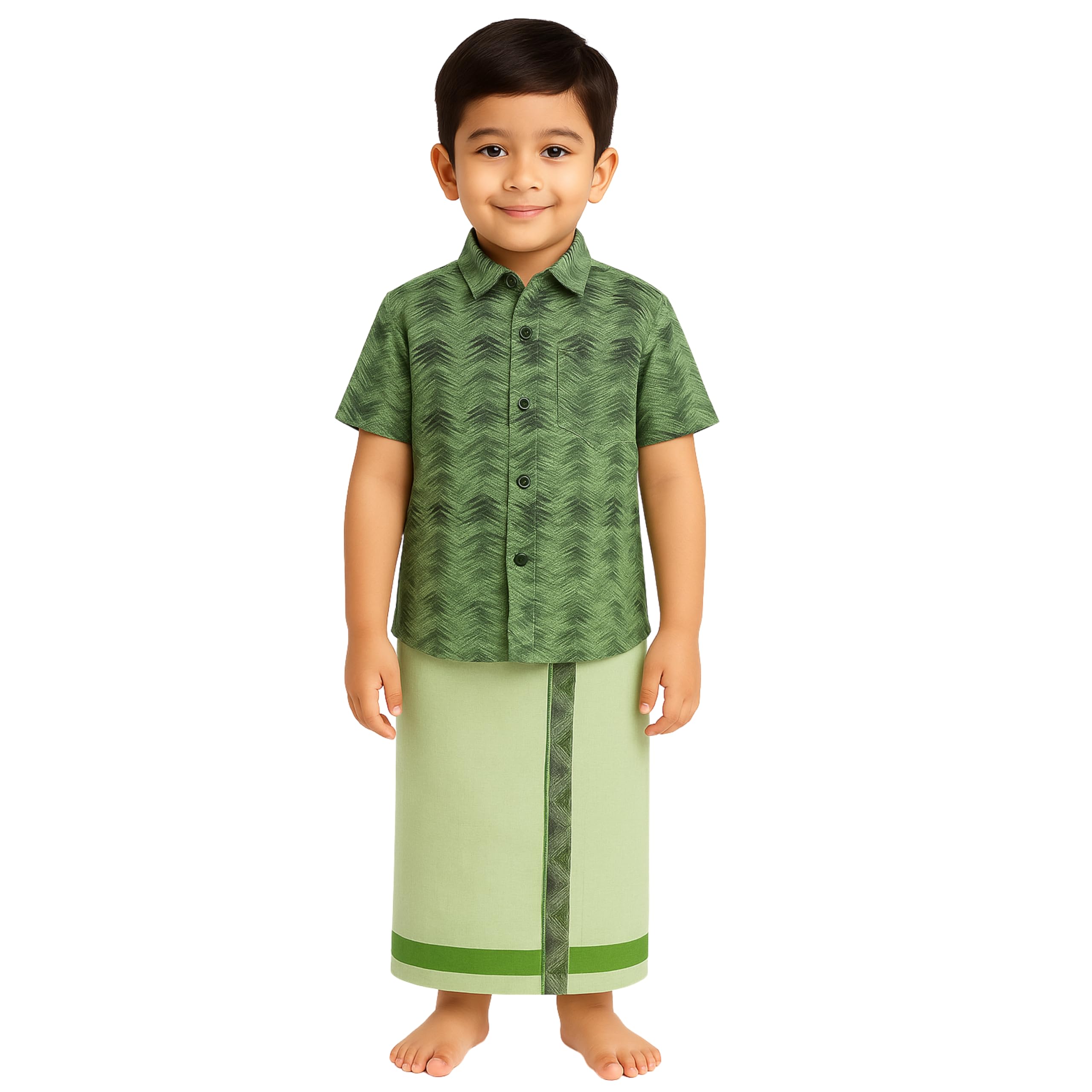 Boys’ Green Printed Shirt with Matching Veshti Set – Traditional Ethnic Wear for Kids