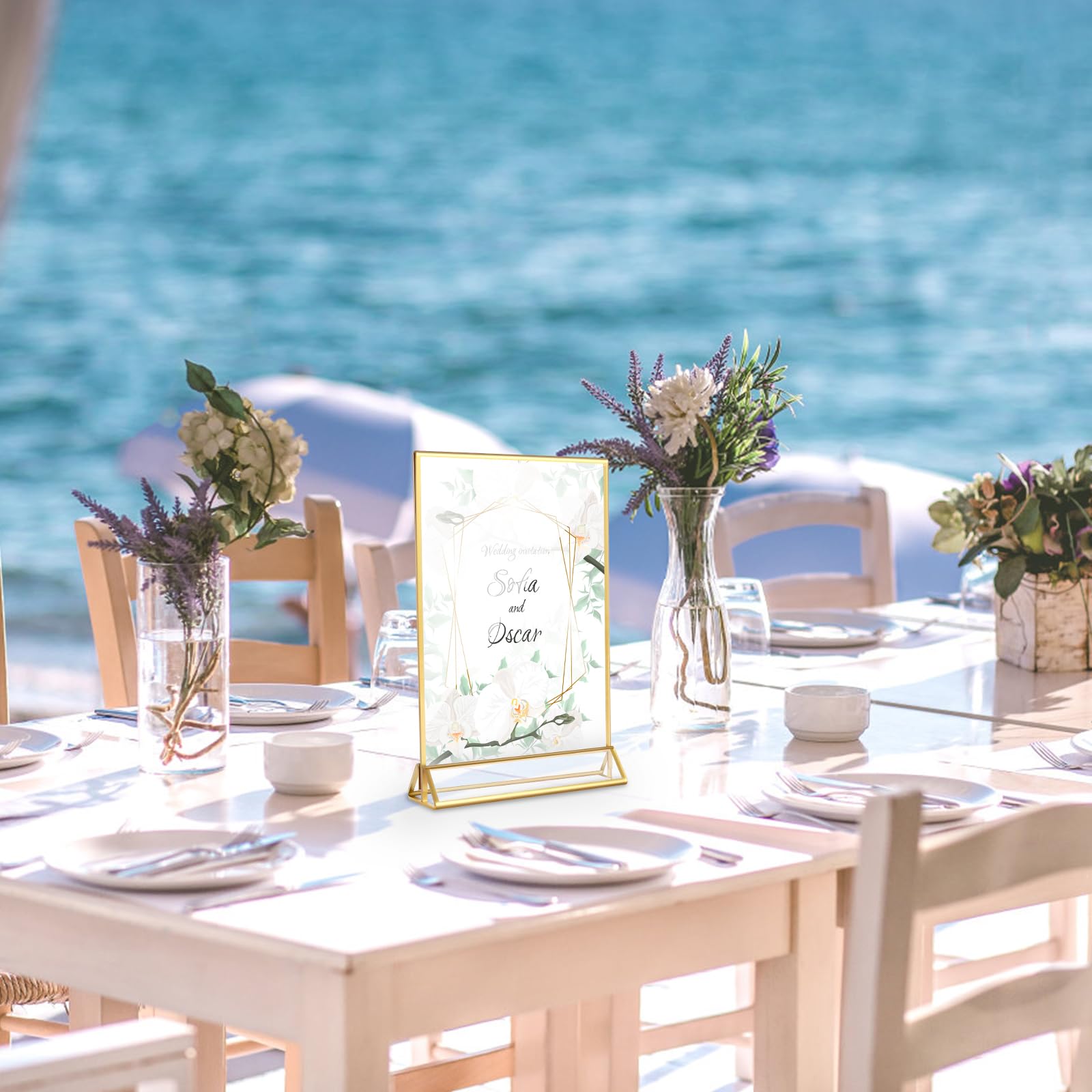 6 soportes acrílicos transparentes de doble cara para carteles, soporte de mesa con borde dorado, soporte multiusos para menú, estante para letreros de mesa para el hogar, boda, restaurante, oficina