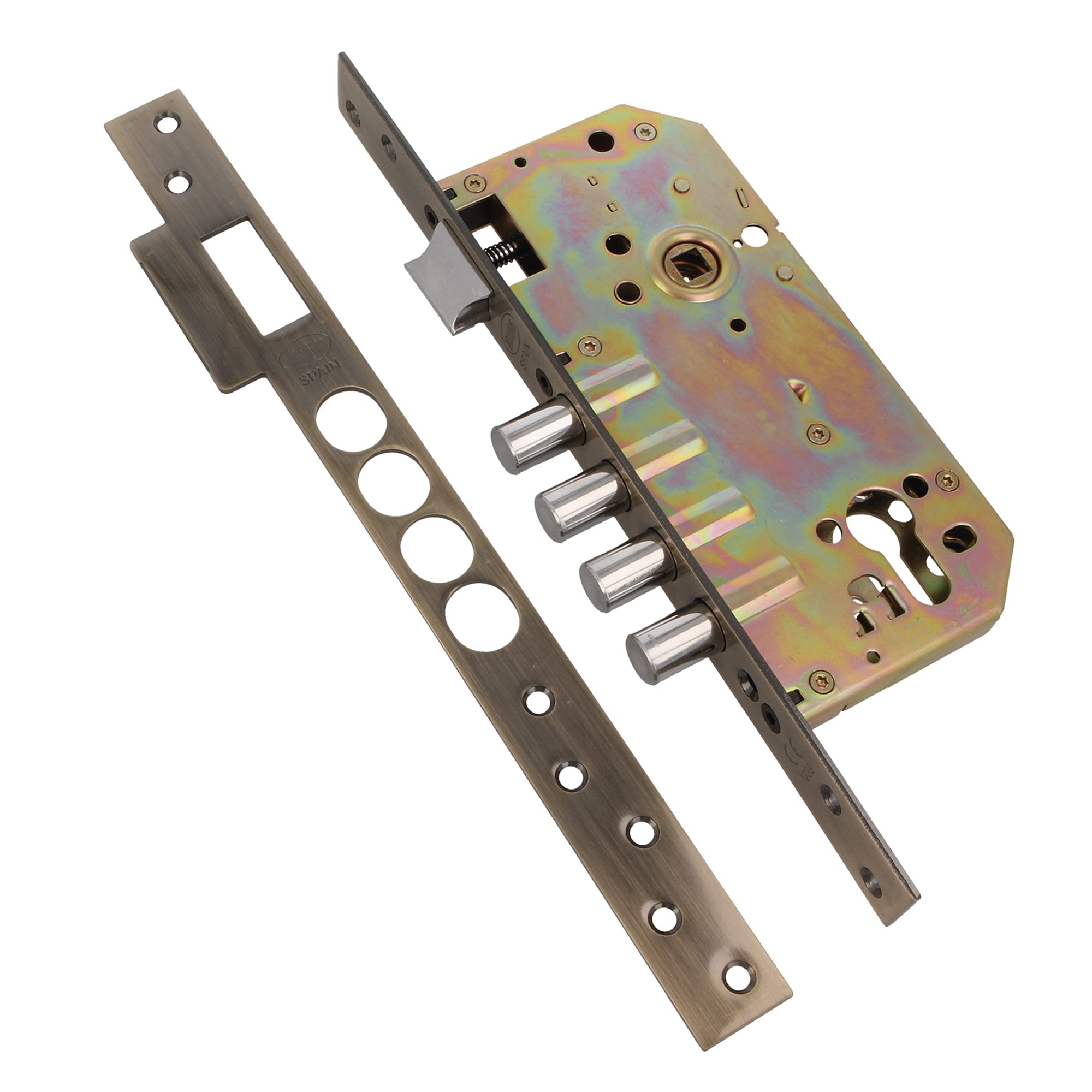Amig - Cerradura de Embutir Con Bulones para Puertas de Madera Mod. 100-50/85 mm - Con Cilindro y Escudo de Seguridad - Picaporte Reversible - Acero Efecto Cuero