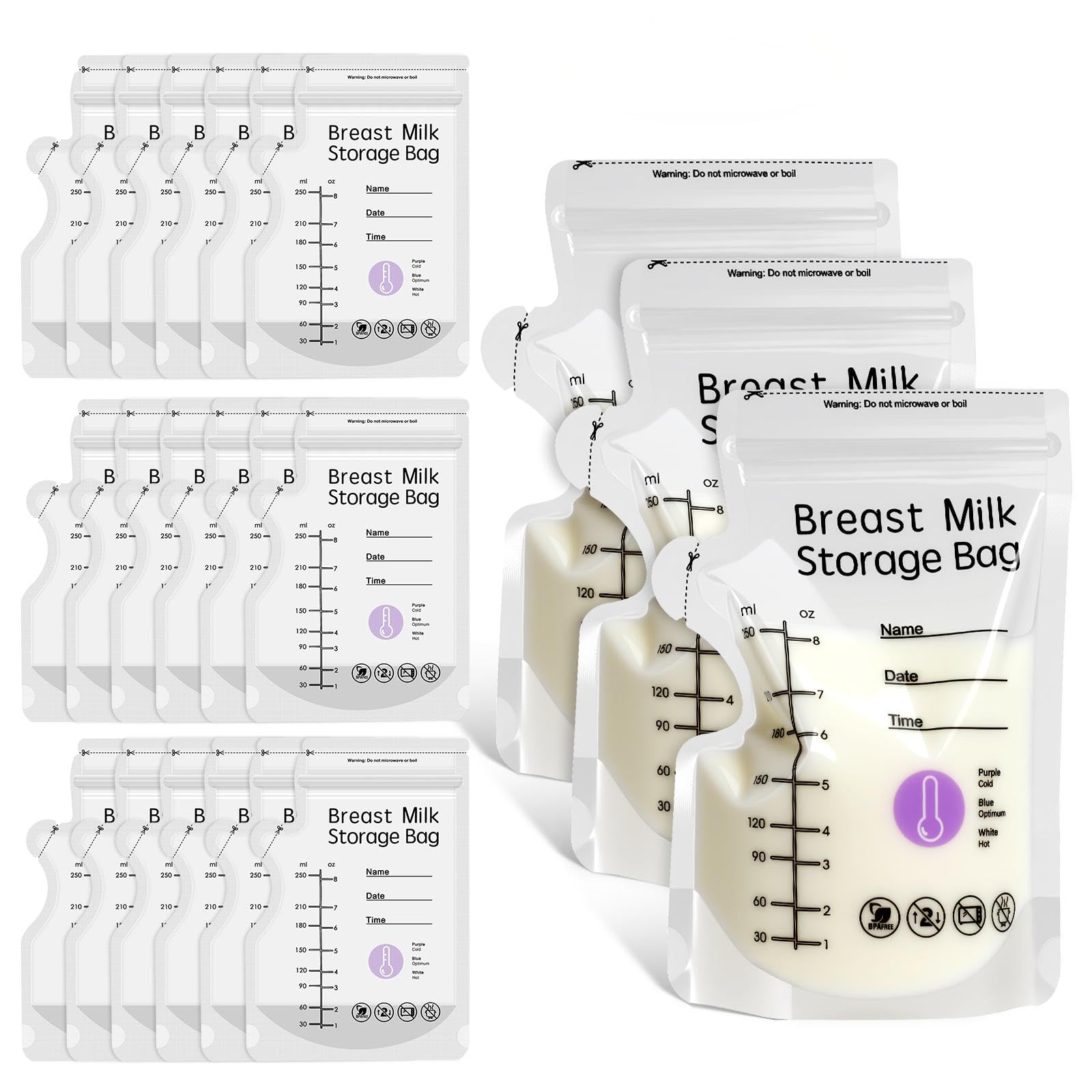 100 Pcs Breast Milk Storage Bags HXC 250ml Milk Storage Bags Breastfeeding Temp-Sensing Breastmilk Storage Bag with Pour Spout BPA Free No-Leak for Breastfeeding