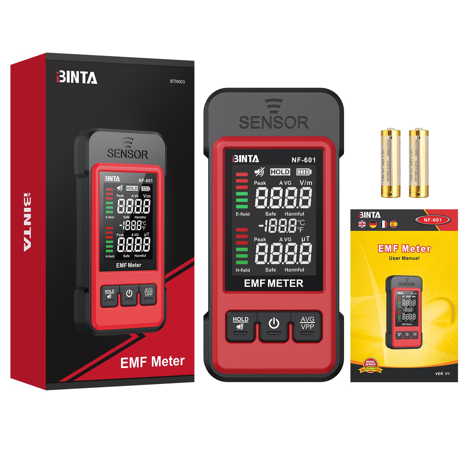 BINTA Medidor EMF, Medidor de Radiación 2 en 1 para Señal EF MF WiFi, Detector EMF para Inspección del Hogar, Oficina, Exteriores y GhostHunting con Registrador de Datos, Alarma