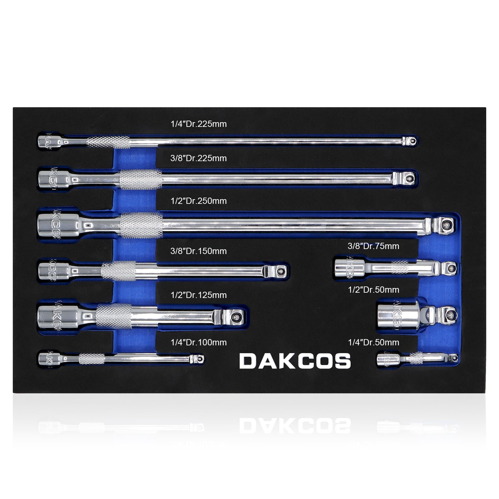 DAKCOS Lot de 9 rallonges oscillantes en acier au chrome vanadium de qualité supérieure 6,35 mm, 9,5 mm, 1,27 cm