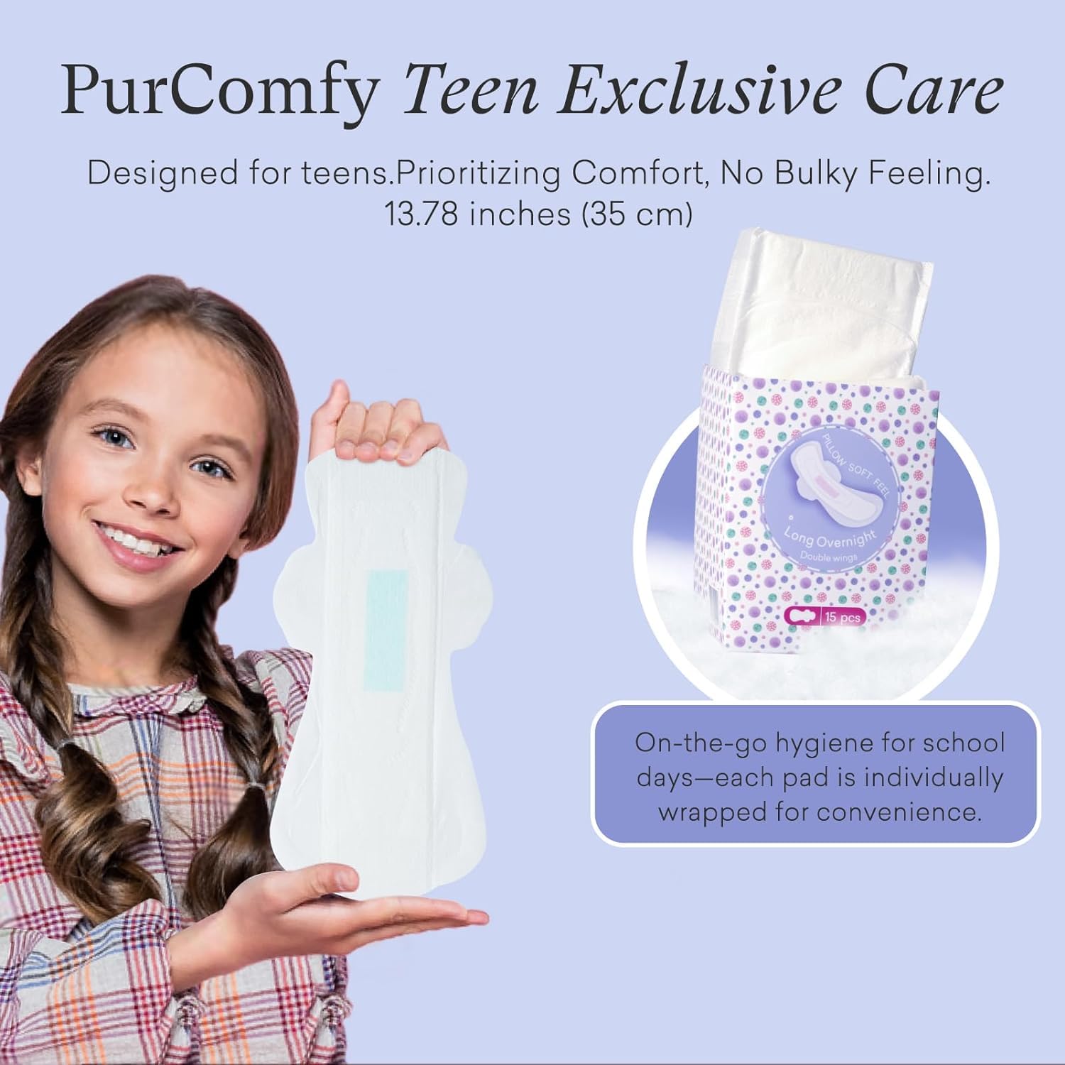 PurComfy Almohadillas para adolescentes con alas para adolescentes, toallas sanitarias de algodón orgánico para adolescentes de 9 a 14 años, tamaño largo durante la noche, 90 unidades