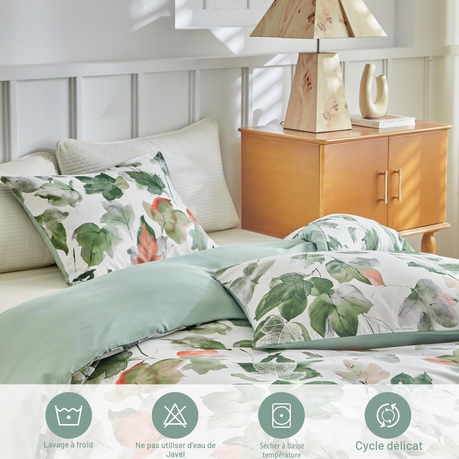 Lekesky Parure de lit 2 personnes 260 x 240 cm 3 pièces en microfibre avec motif aquarelle comprenant 1 housse de couette 260 x 240 cm + 2 taies d'oreiller 50 x 80 cm, vert érable