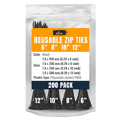 ALBO Black Reusable Zip Ties Assorted Sizes 200 Pack (6+8+10+12