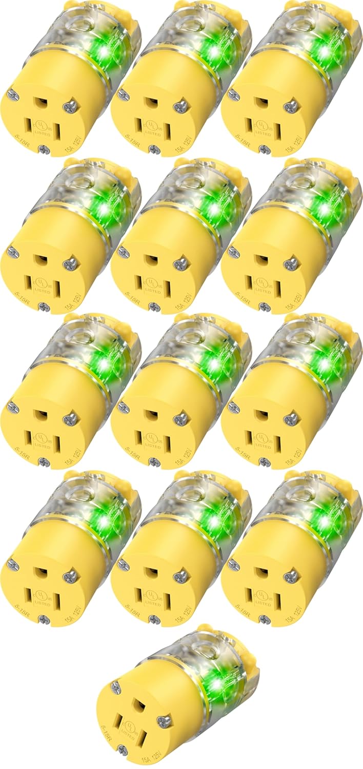 13-Pack 110V Female Plugs Receptacles Illuminated Electrical Outlets Drop Cord Extension Cord Replacement Ends with Green Neon Light NEMA 5-15R 15 Amp 120 Volt UL Listed